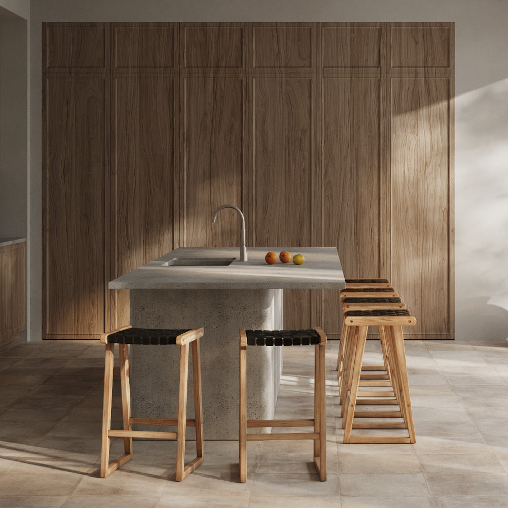 acheter tabouret de bar cuir tresse noir en teck