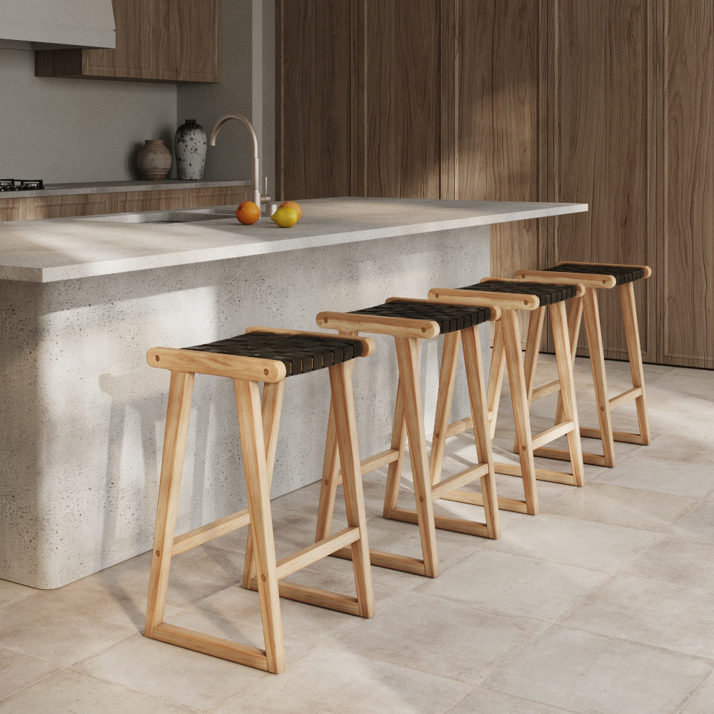 acheter tabouret de bar noir en teck _cuir tresse noir