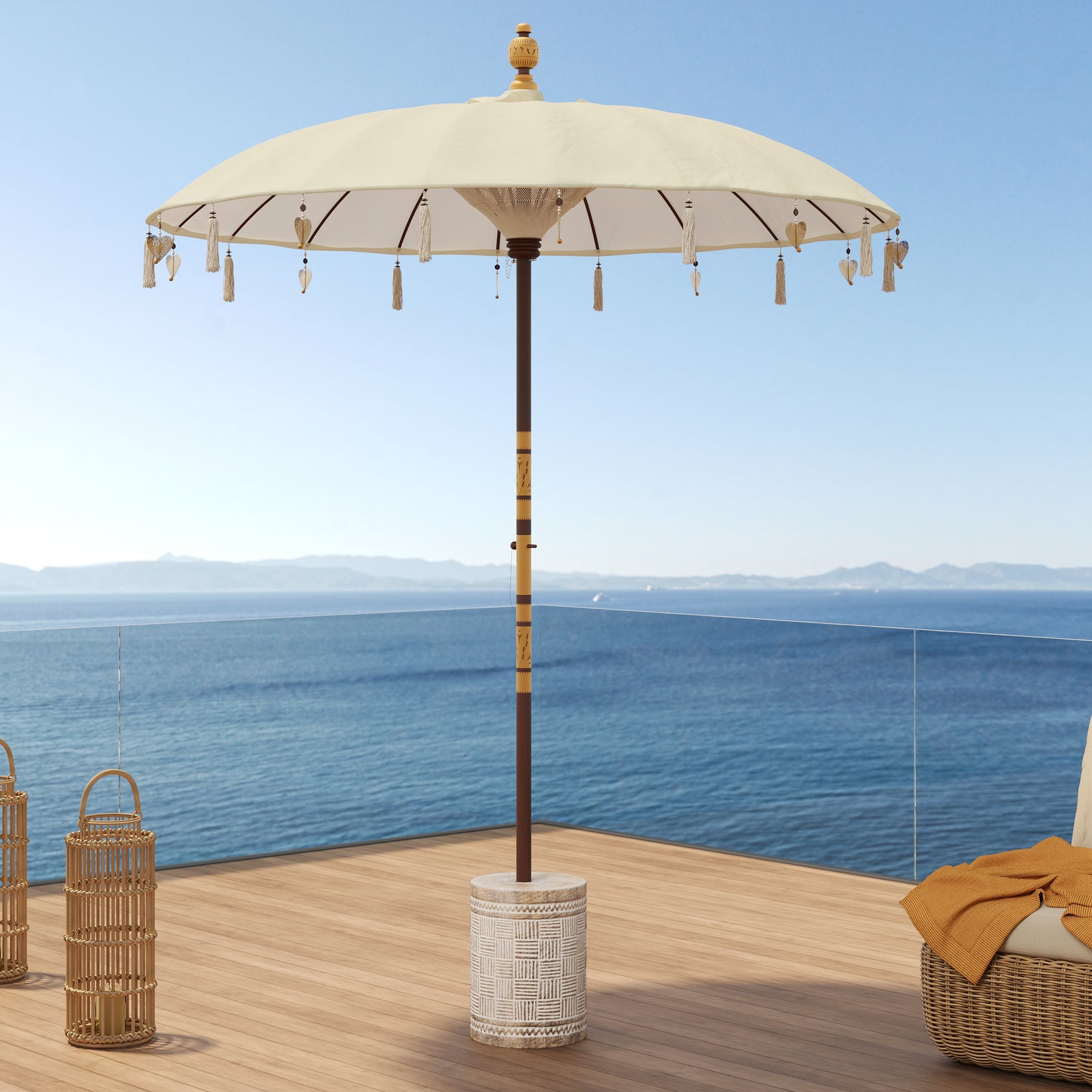 ali parasol et son pied en bois creme