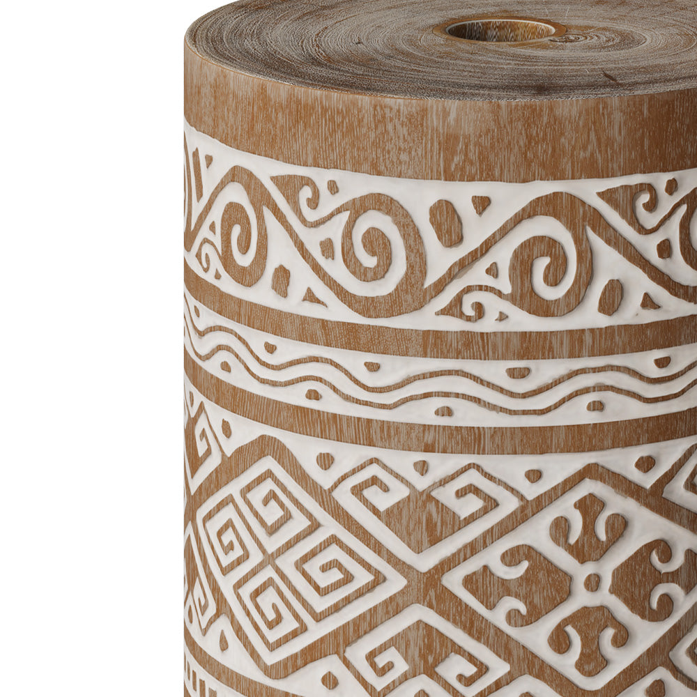 ali pied de parasol boheme en bois de suar et gravures blanches