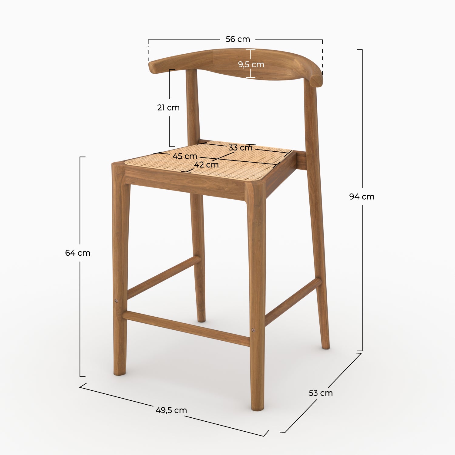 Lot de 2 chaises pour îlot central 64 cm Alia en bois de teck vernis et cannage