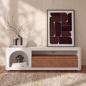 Meuble TV Fira en plâtre blanc cassé 140 cm avec tiroir