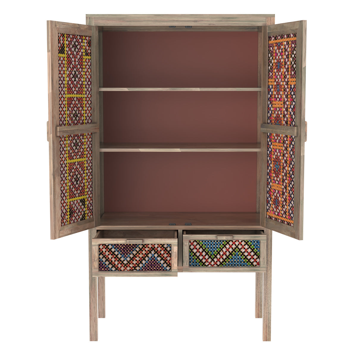armoire ethnique coloree en bois et cannage