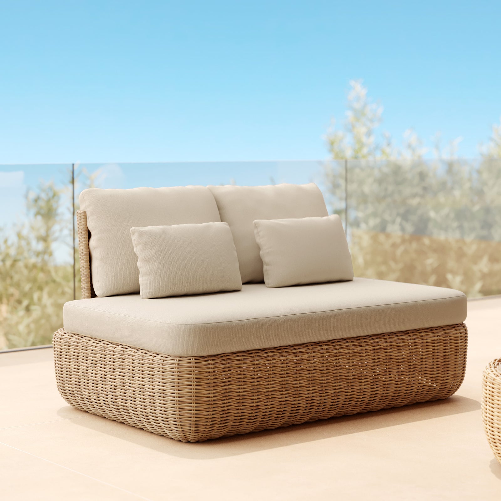 assise jardin canape 2 places rotin synthetique tissu beige sky
