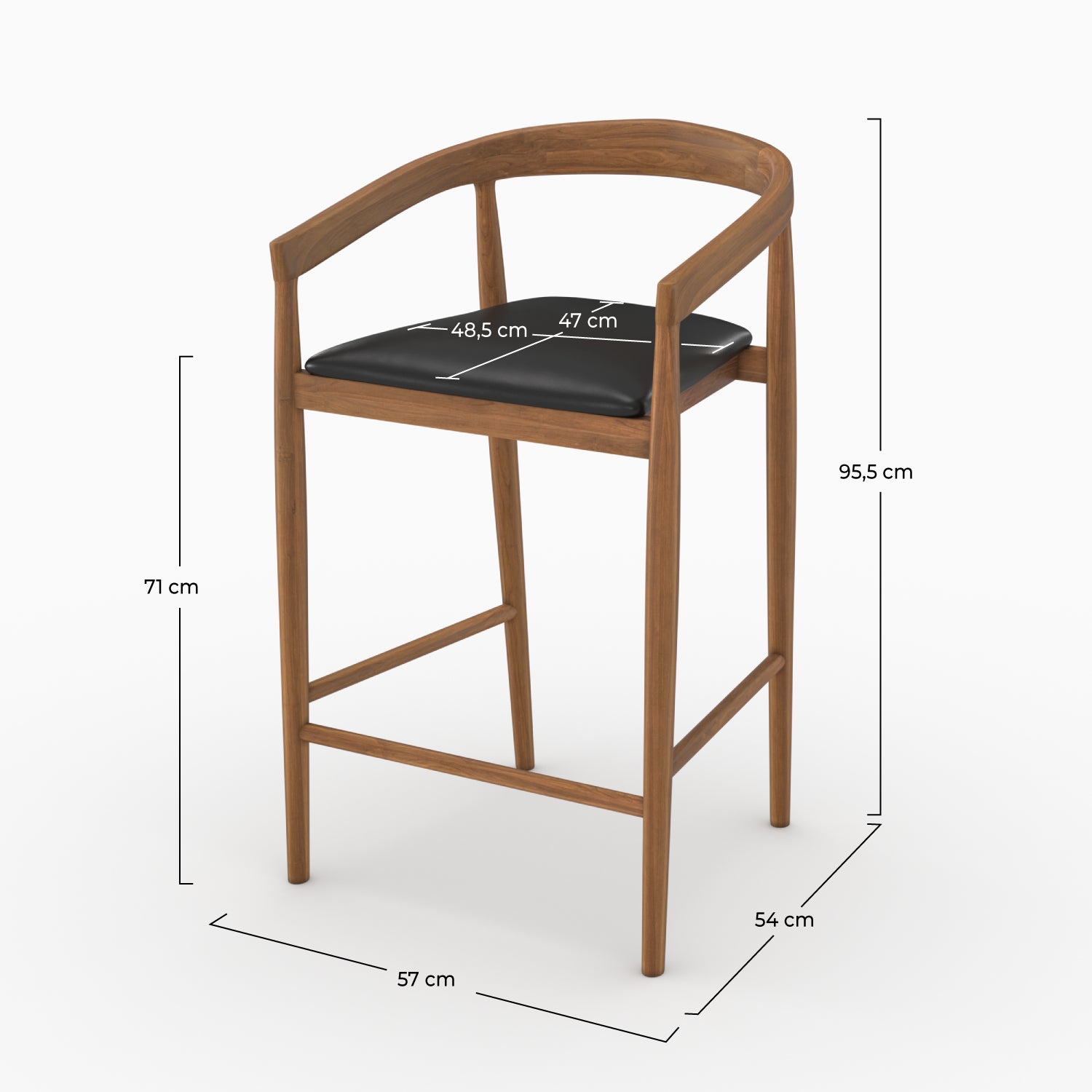 Lot de 2 chaises de bar 77 cm Bali en bois de teck vernis et assise en cuir noir