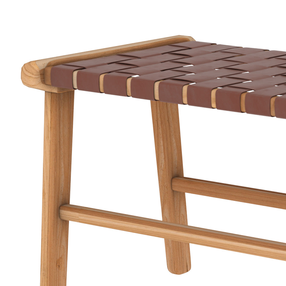 banc 120 cm en cuir tresse marron et bois de teck kuna