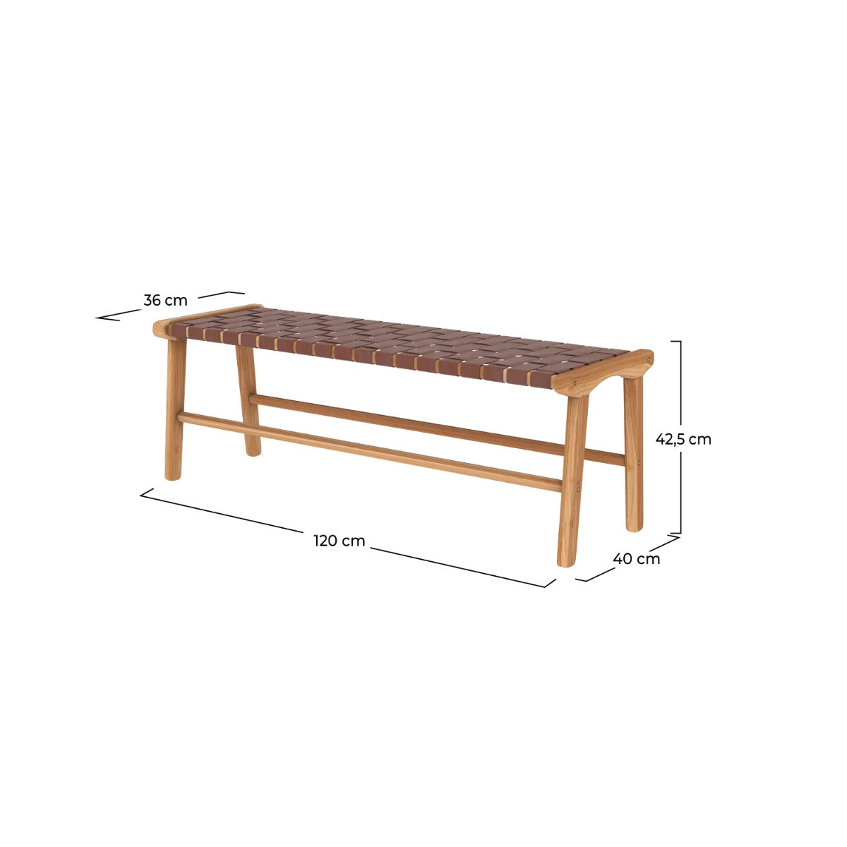 banc kuna 120 cm en cuir tresse marron et bois de teck