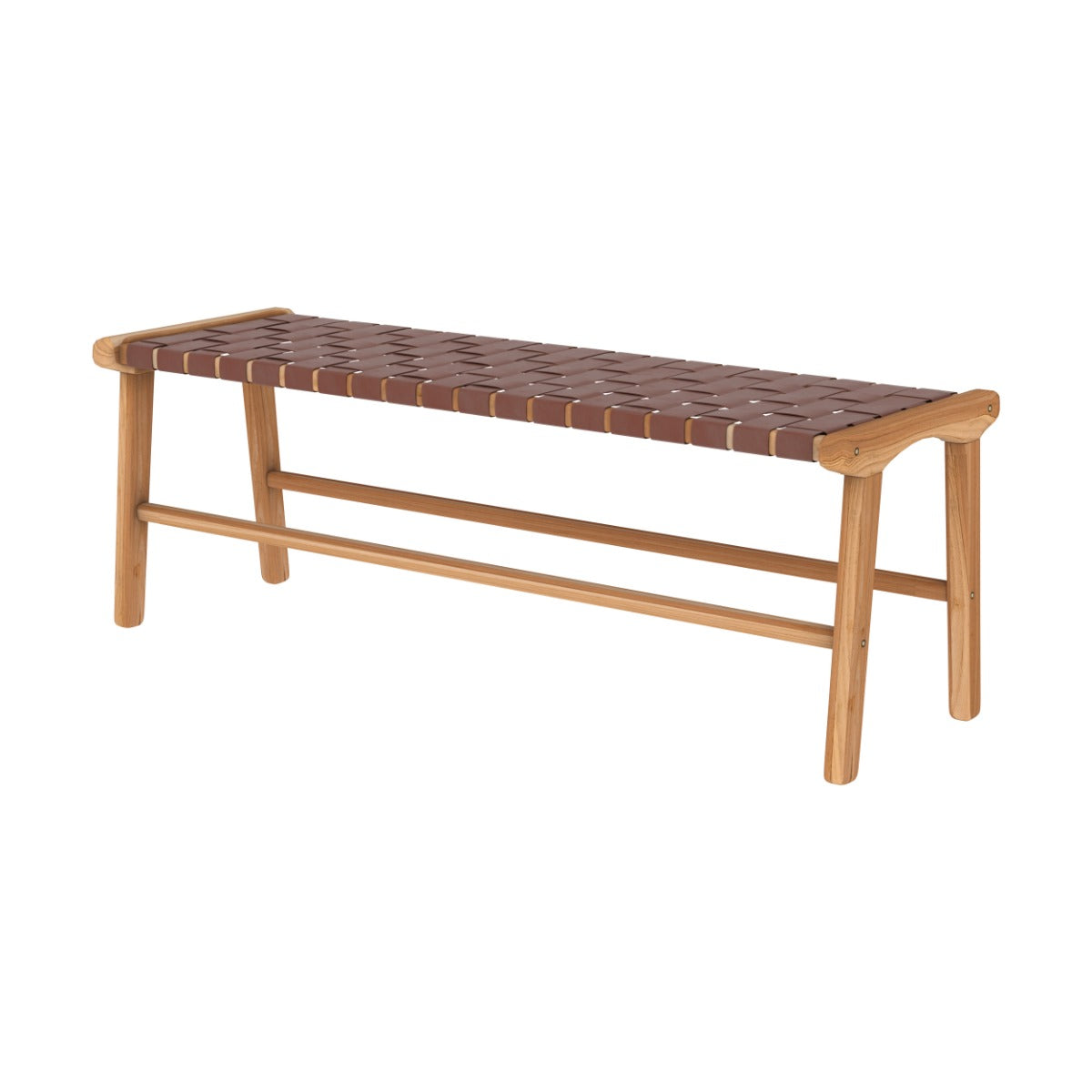 banc kuna en cuir tresse 120 cm marron et bois de teck 2 places