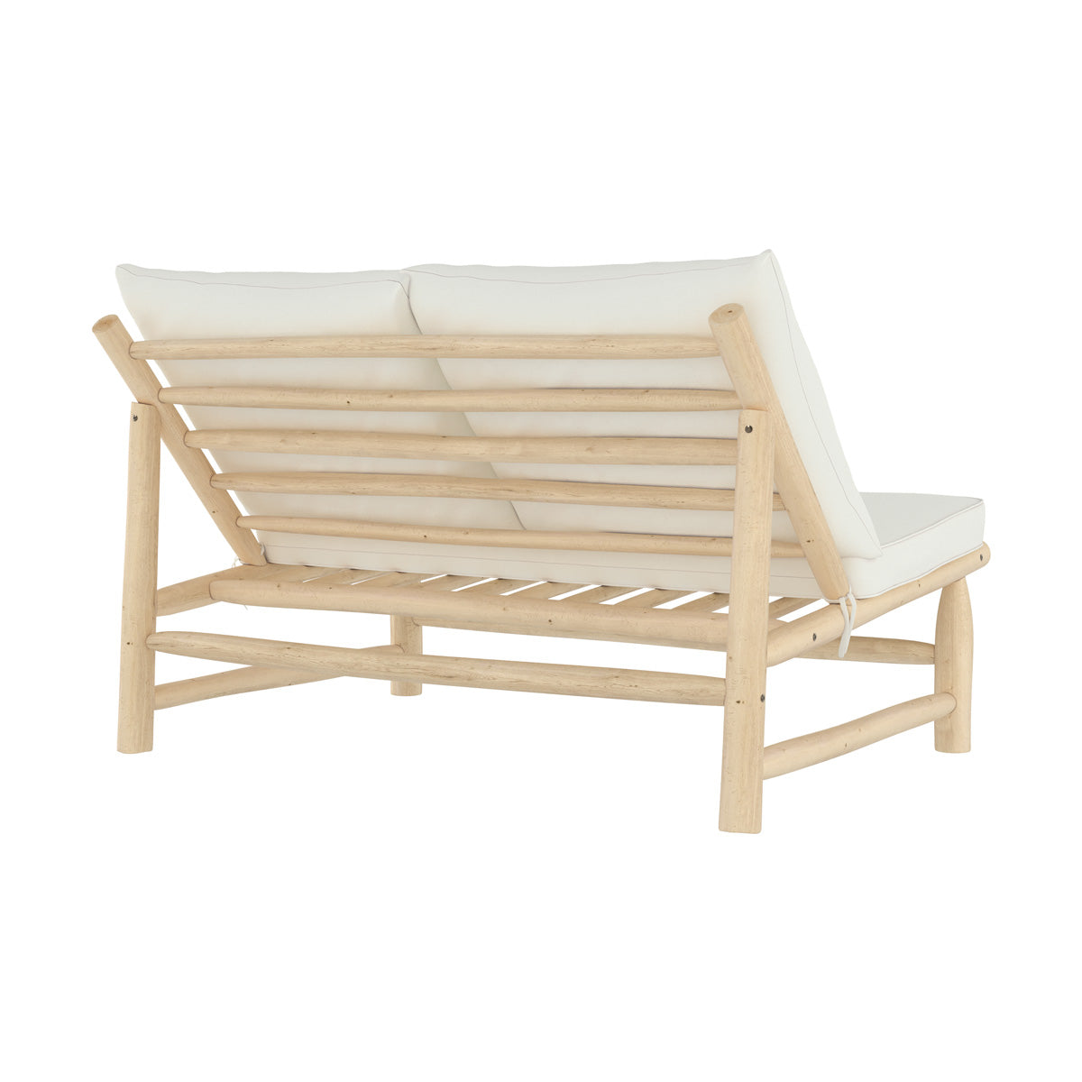 banquette de jardin en branche de teck et coussins blancs makam