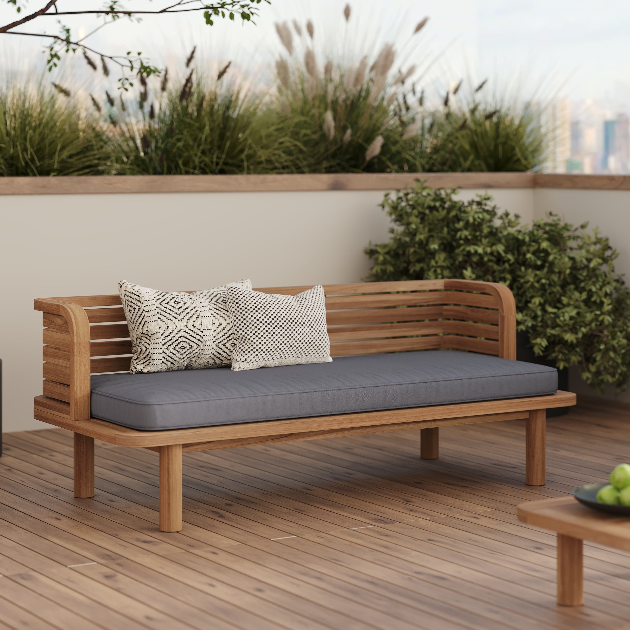 banquette de jardin tissu gris et bois marron