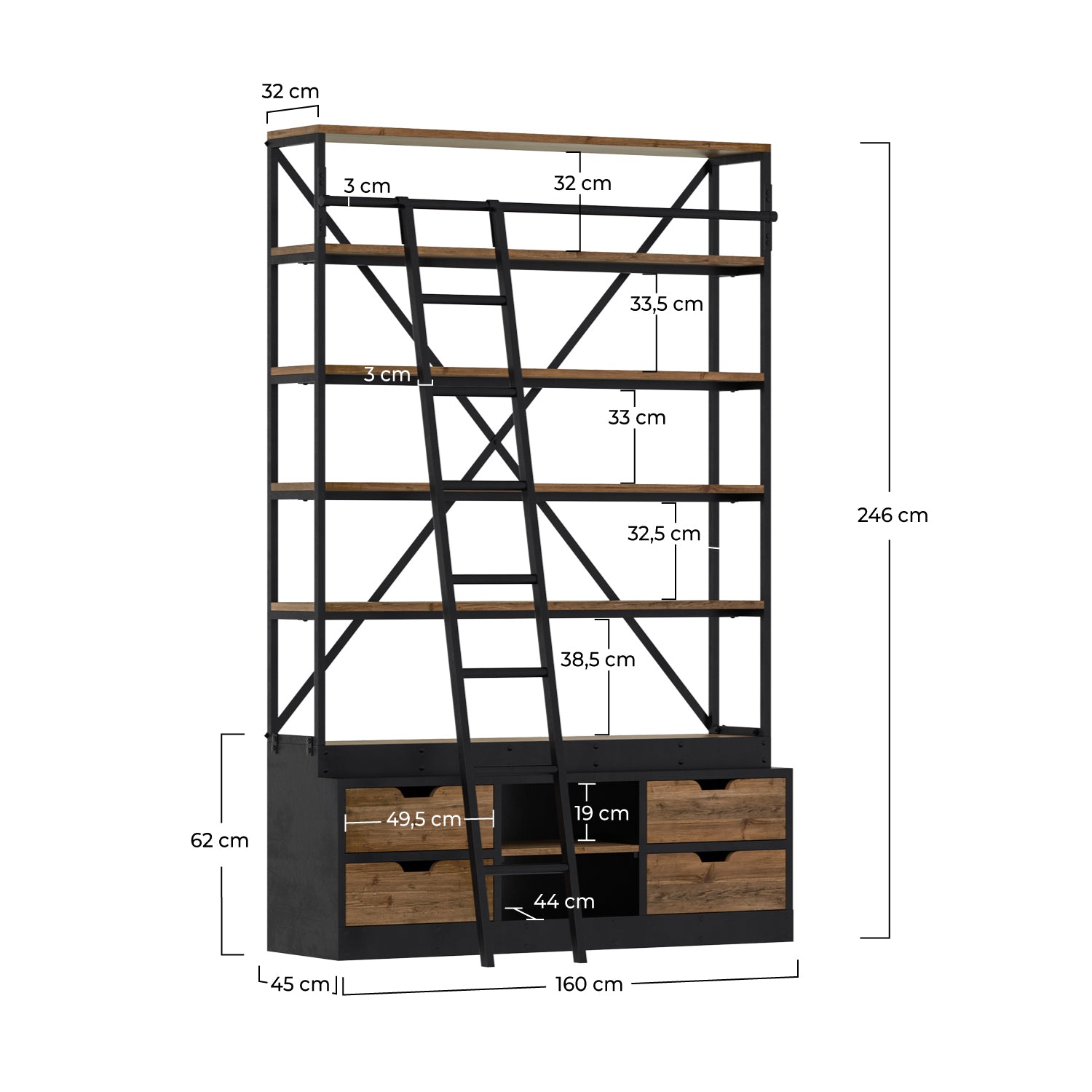 Kasi - Bücherregal, 160cm mit Leiter