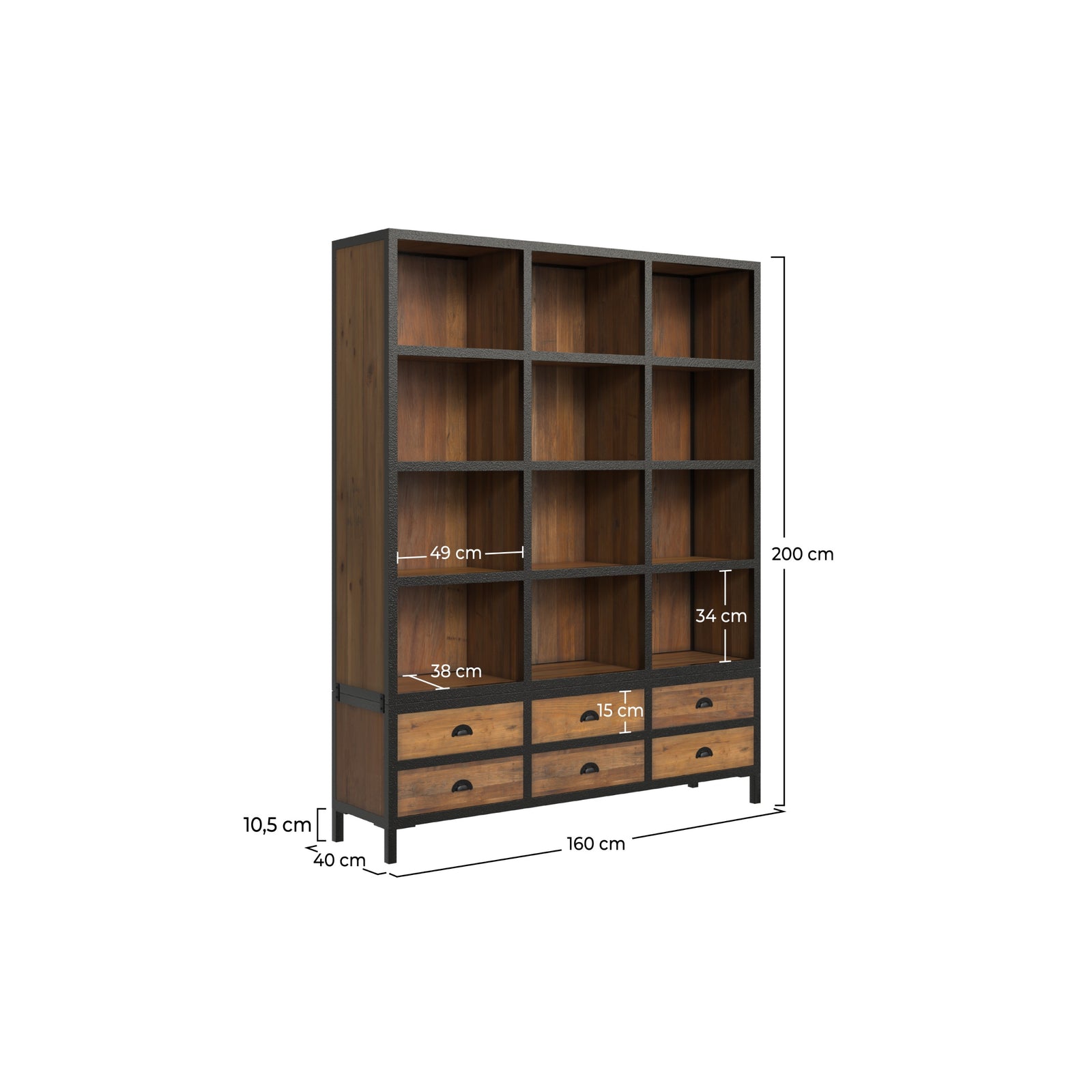 bibliotheque shelby 6 tiroirs 12 niches en metal et cedre