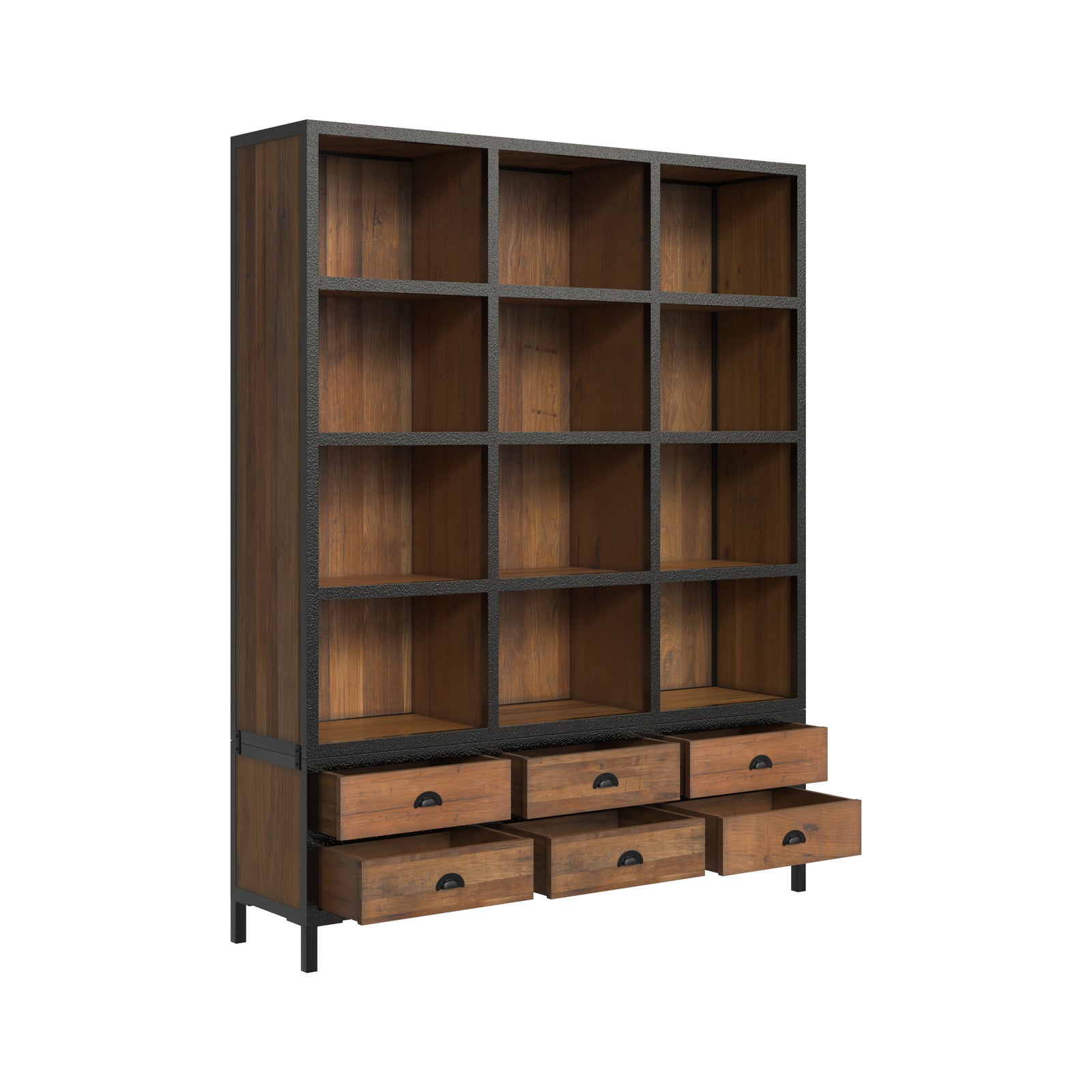 bibliotheque shelby industrielle 6 tiroir 12 niches en metal et cedre