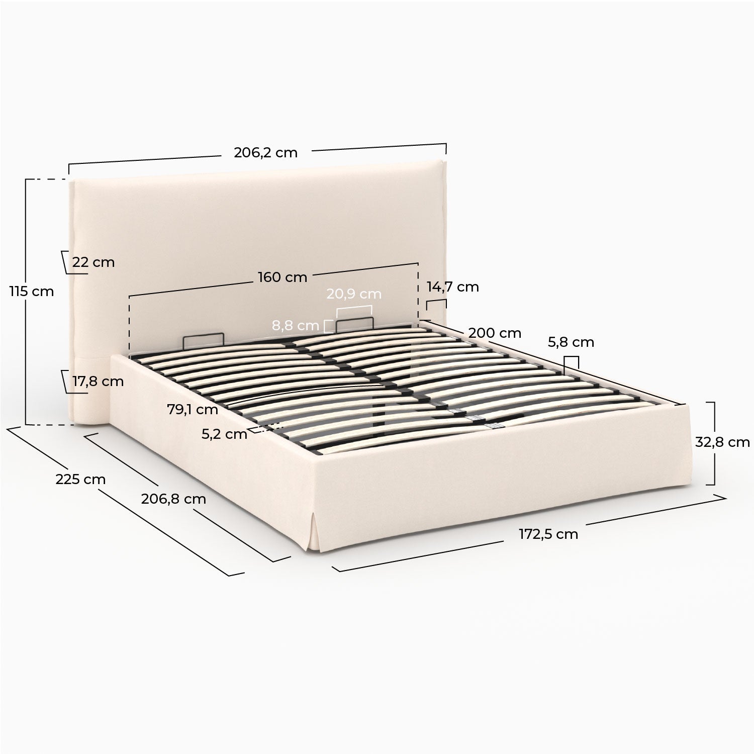 Letto contenitore 160x200 cm Safia in tessuto bianco sfoderabile