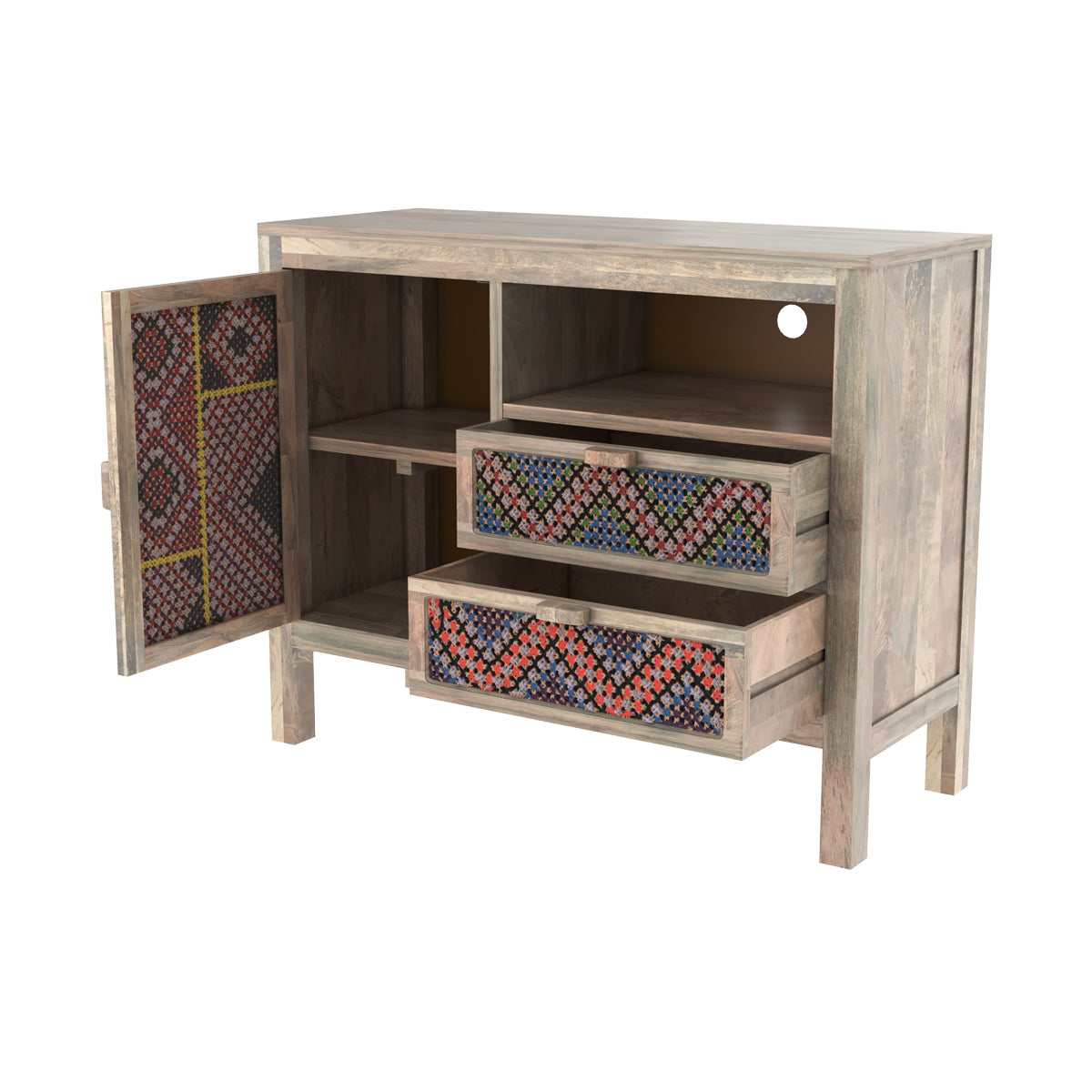 buffet 3 tiroirs en bois et cannage colore massai