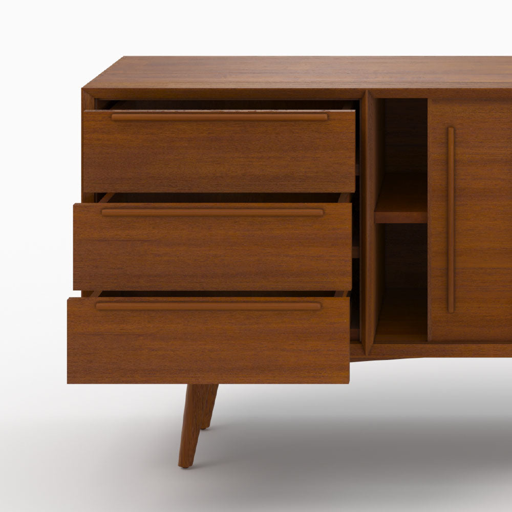 buffet design waya 3 tiroirs teck massif 2 portes coulissantes