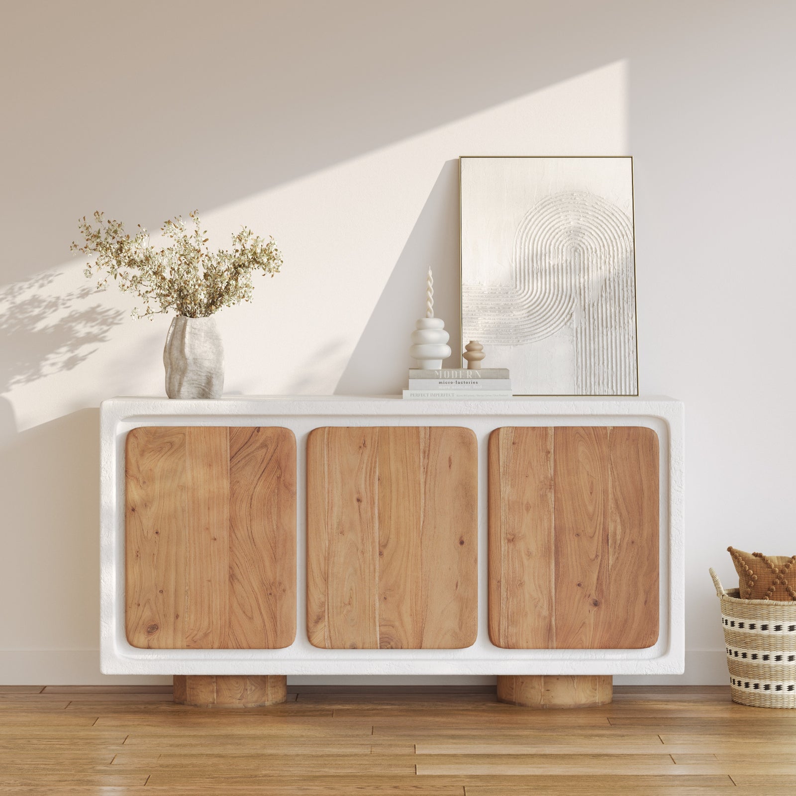 buffet en beton blanc et porte en bois d acacia eden