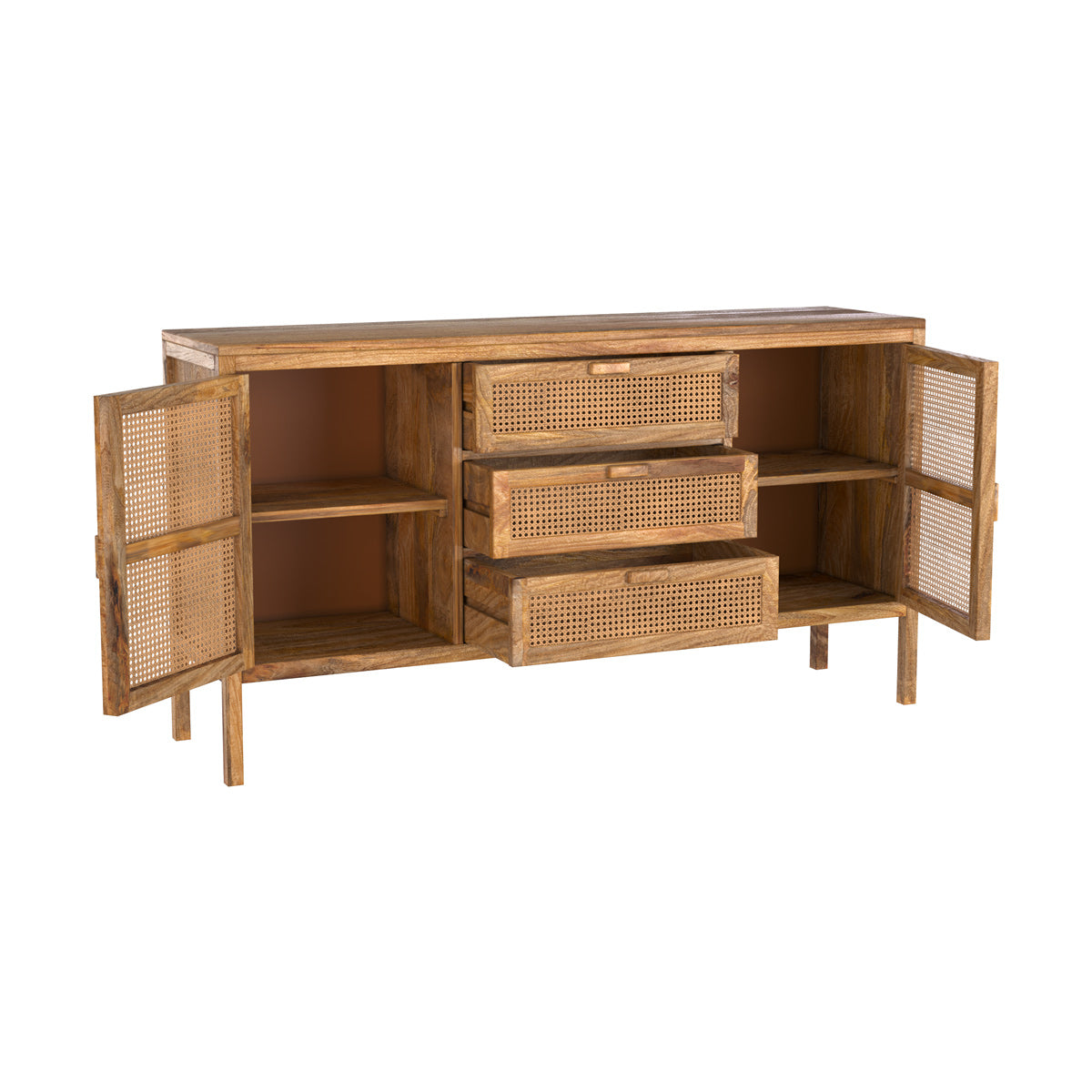 buffet en cannage et bois 2 portes 3 tiroirs