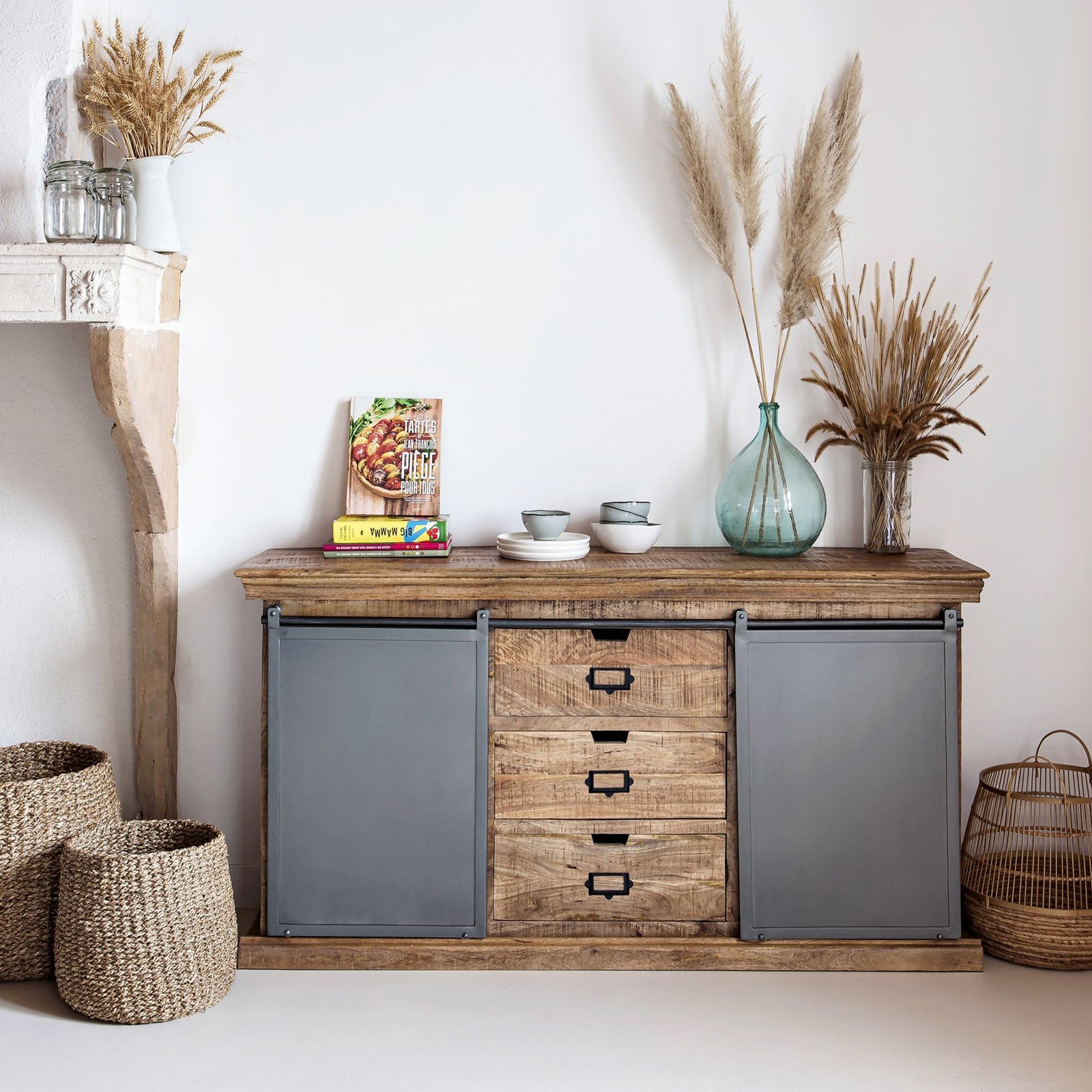buffet indus en bois de manguier et metal gris tabuk