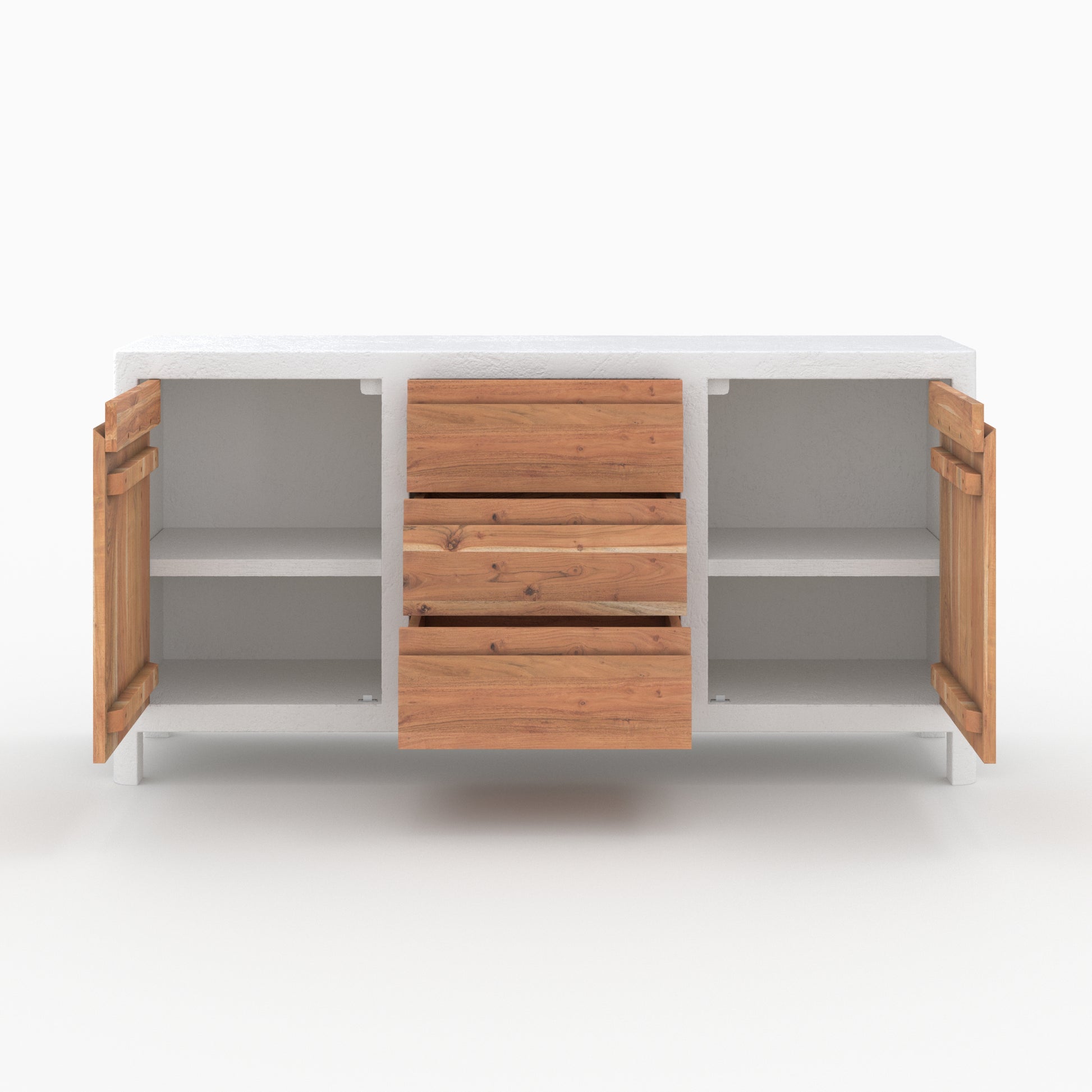 buffet long en bois et beton blanc casse basile