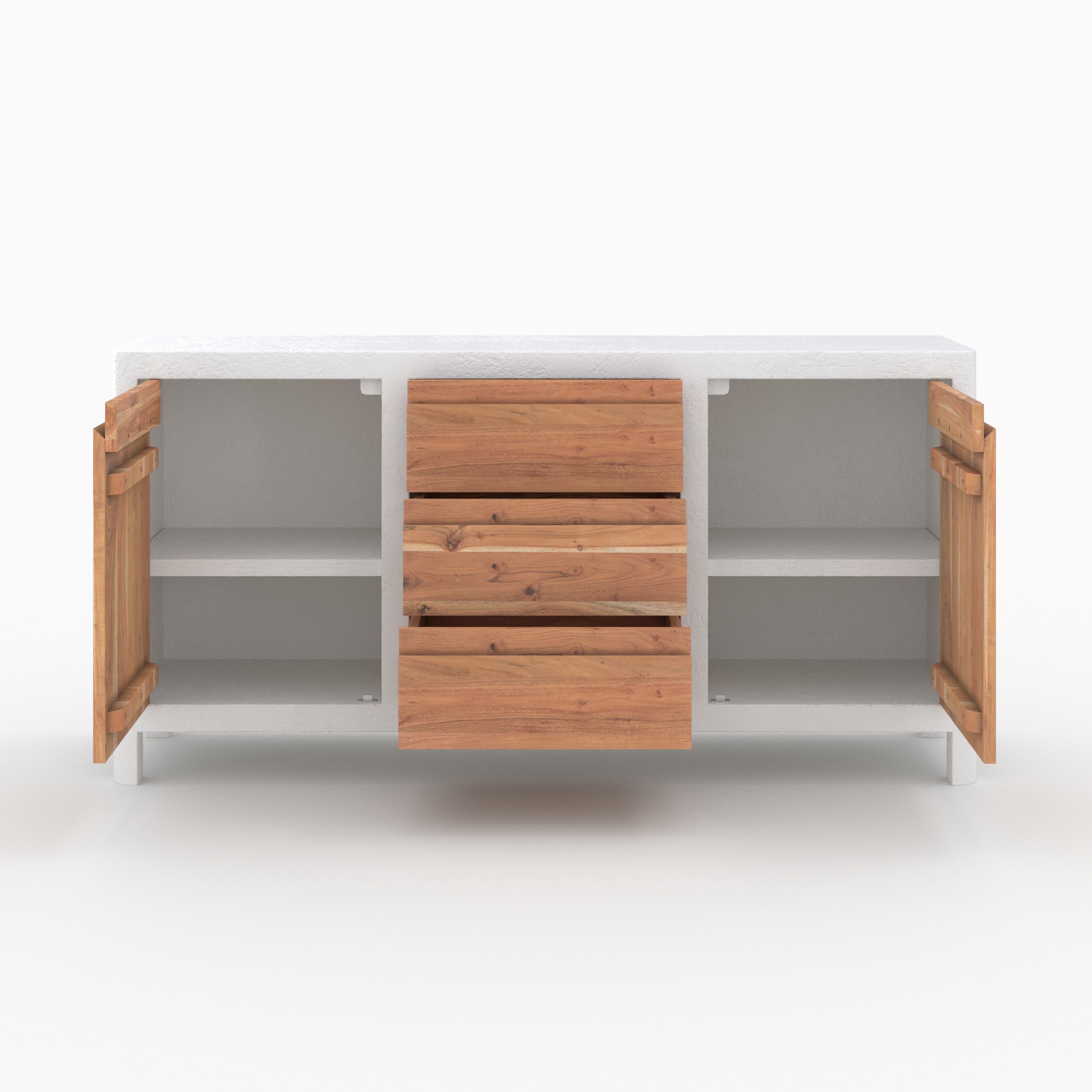 buffet long en bois et beton blanc casse basile
