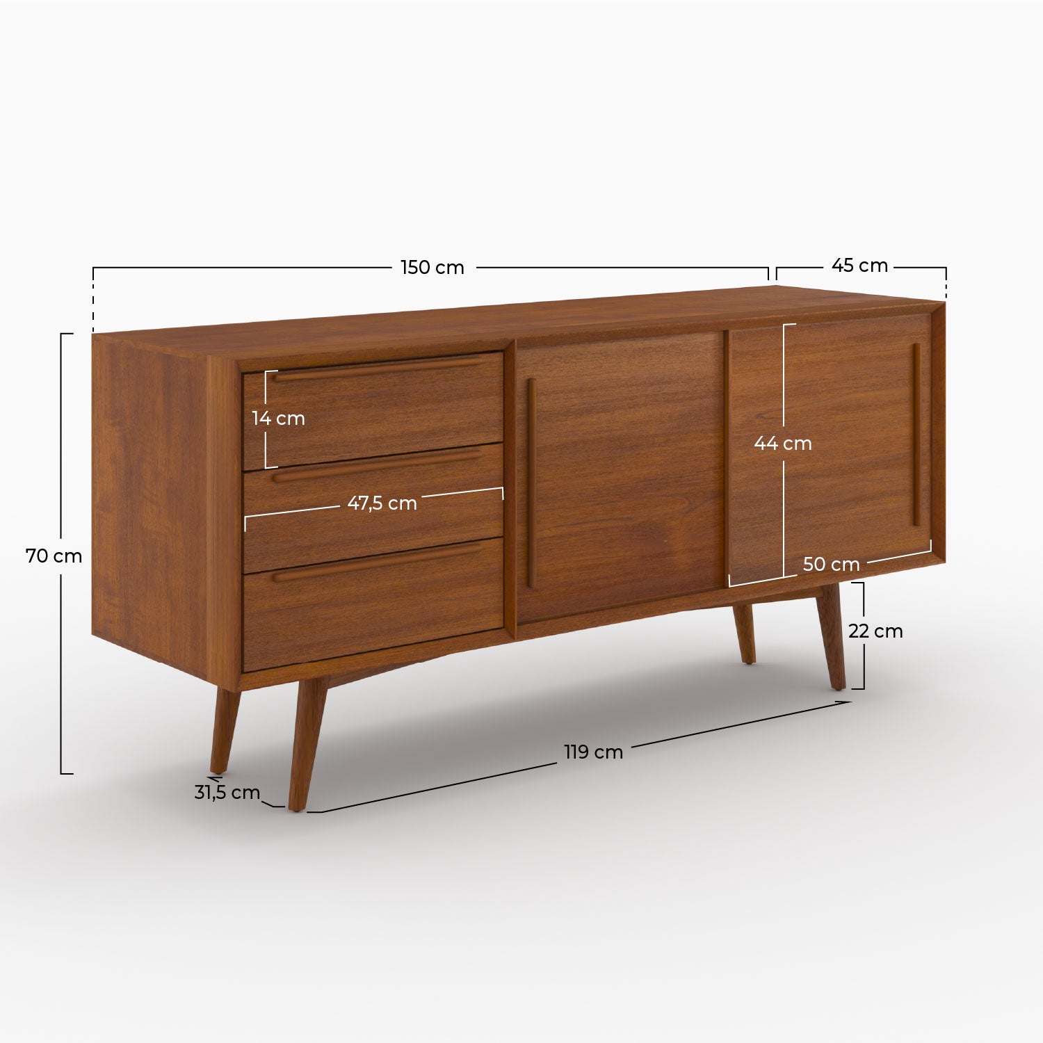 buffet teck massif 2 portes coulissantes 3 tiroirs waya