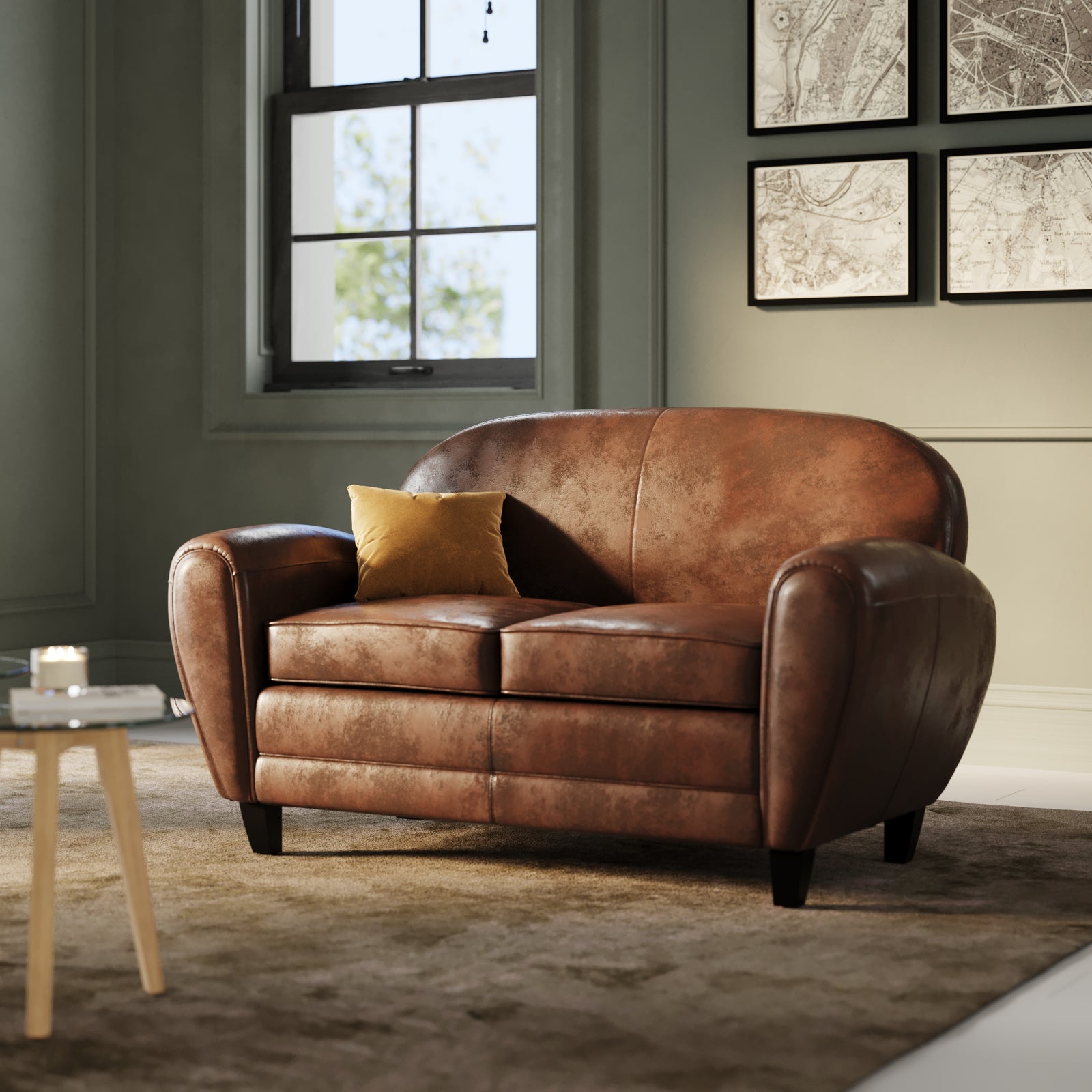 canape 2 places en cuir marron vieilli club