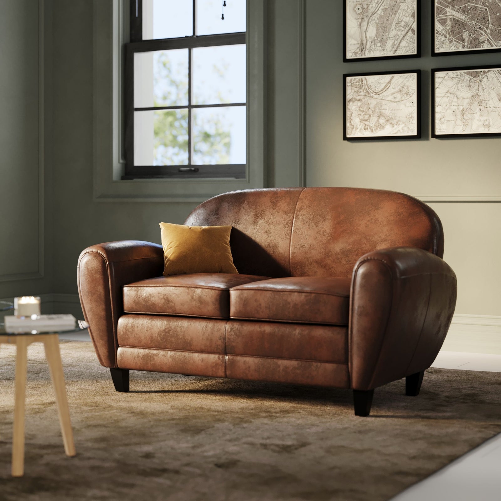 canape 2 places en cuir marron vieilli club