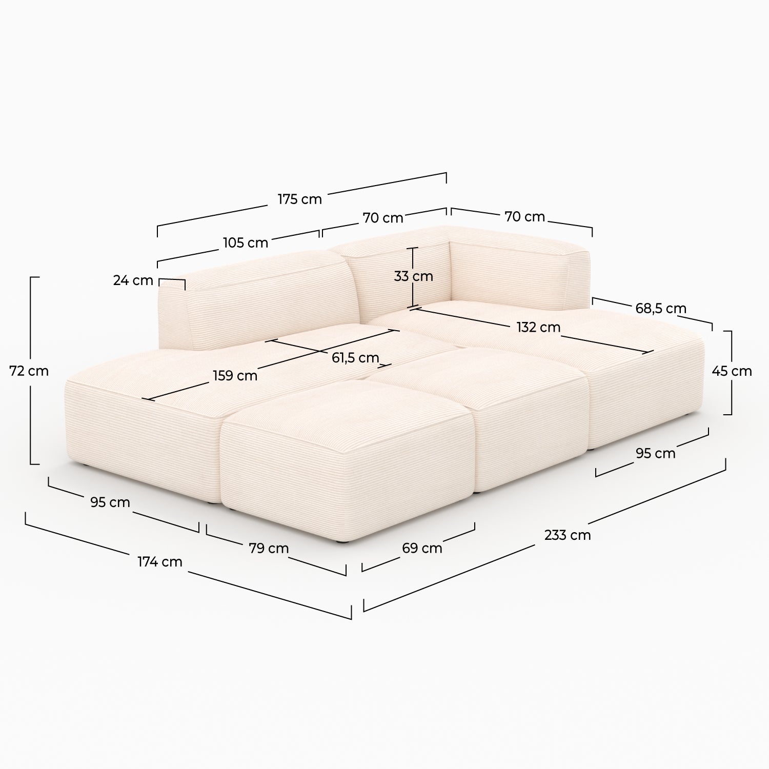 Canapé modulable Mina en velours côtelé blanc 4 places avec 2 poufs