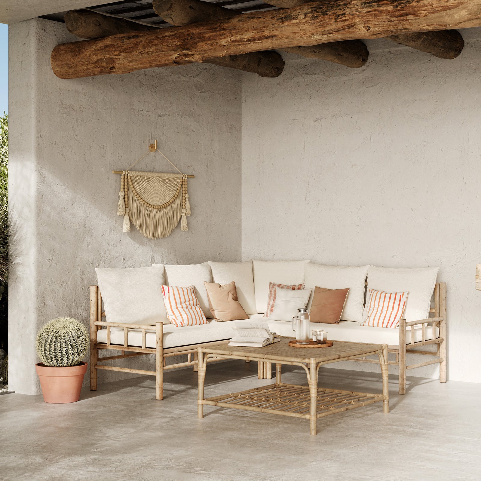 canape angle et table basse carree en bambou et tissu blanc