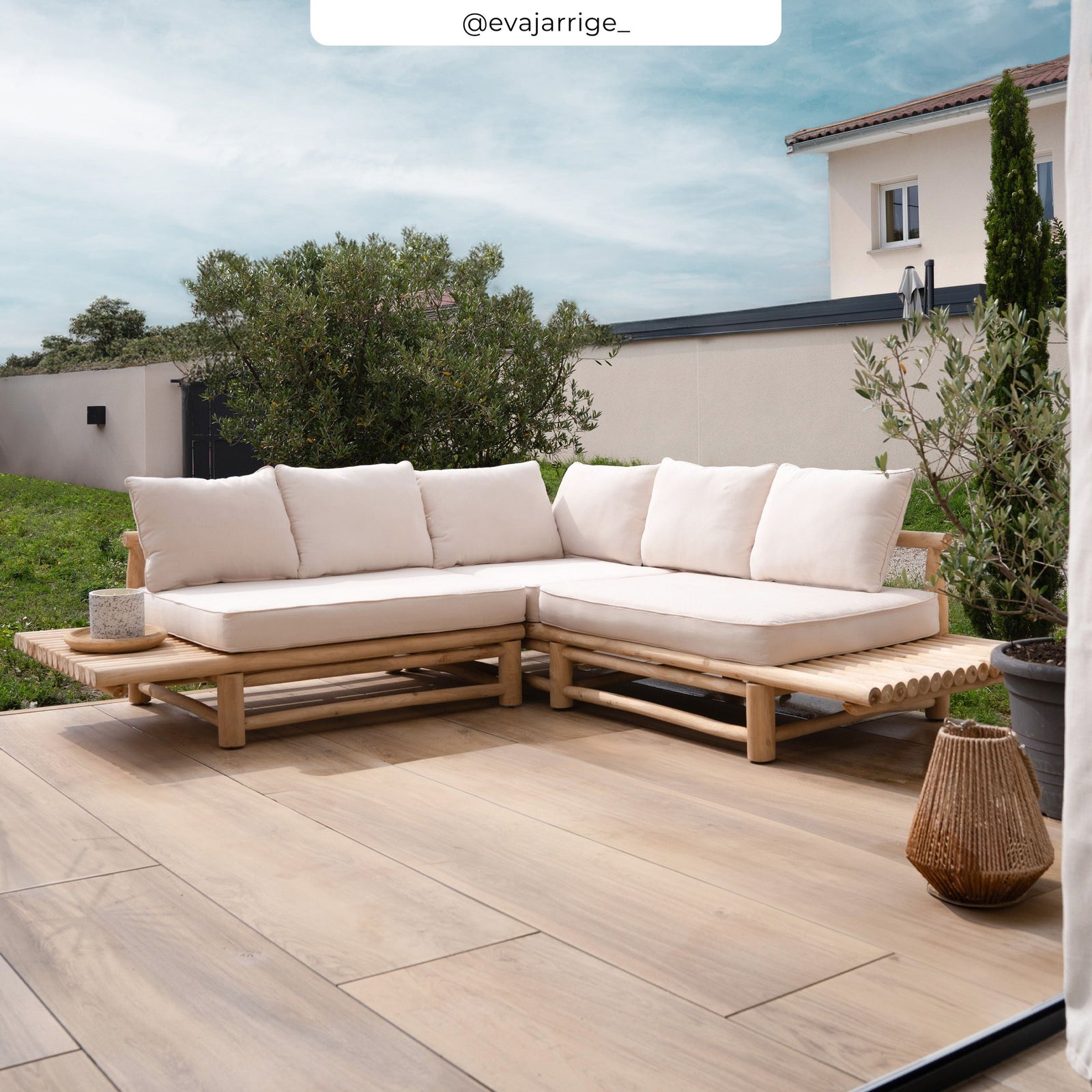 canape angle sunny tissu blanc bois de teck