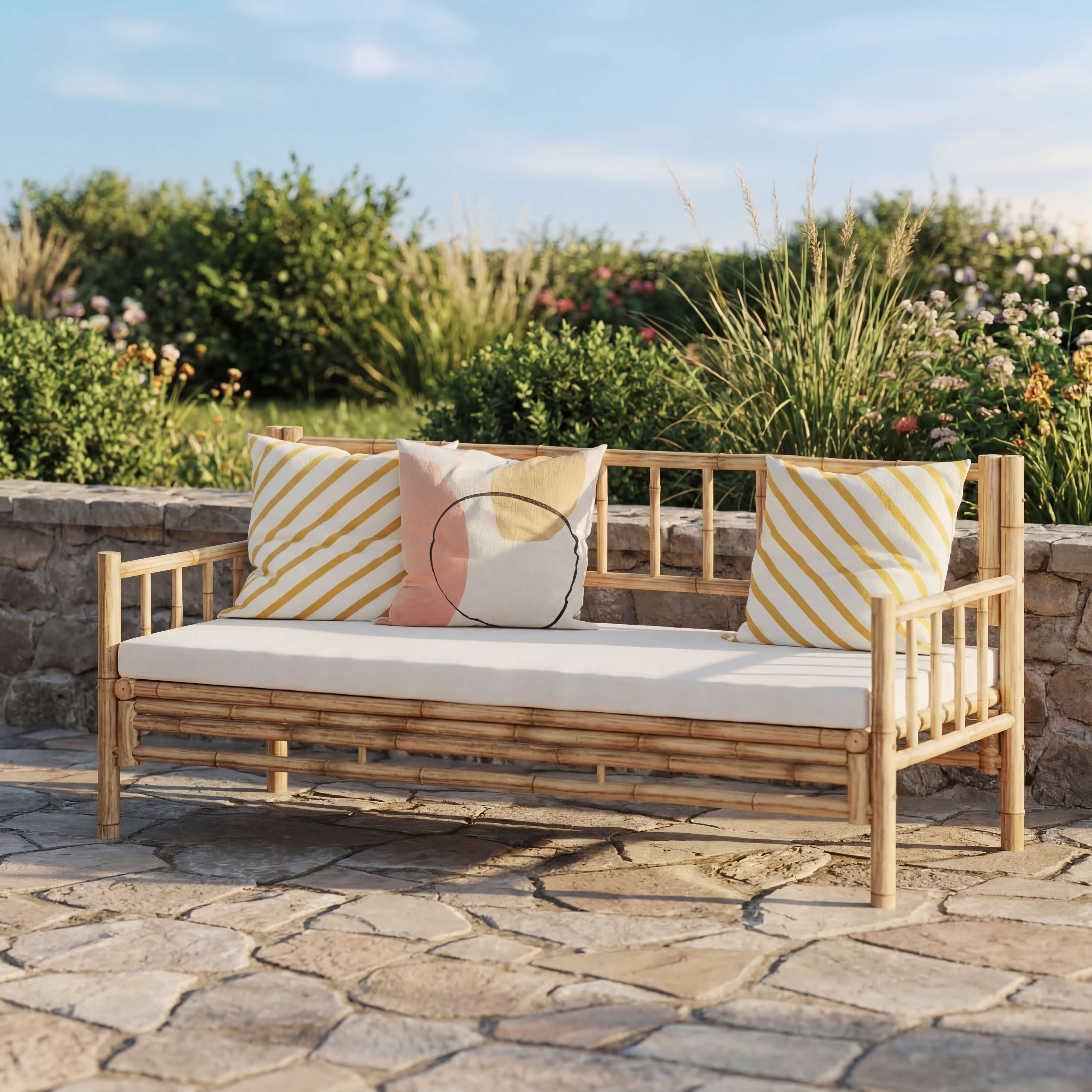 Canapé d'extérieur en bambou naturel avec coussins rayés jaune et blanc sur terrasse en pierre – Rendez-vous Déco