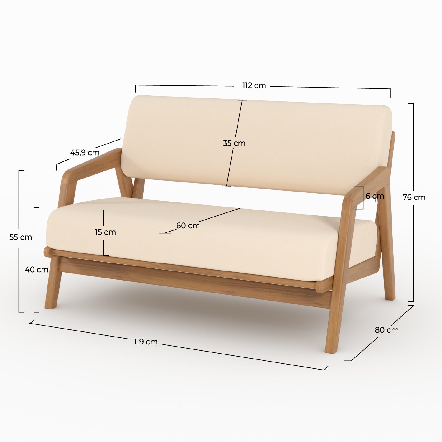 Canapé de jardin Siargao en bois d'acacia, tissu beige clair 2 places