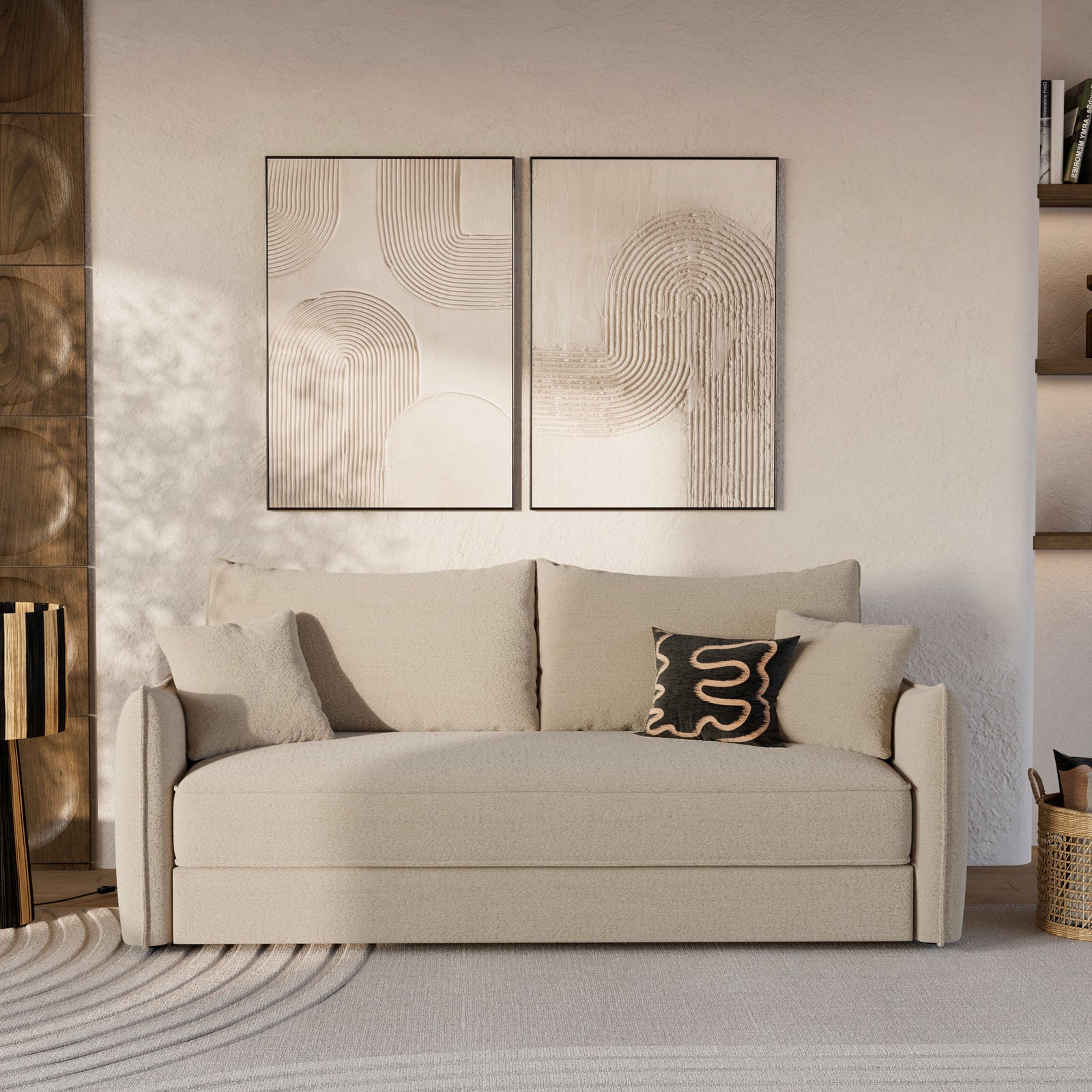 canape convertible en tissu effet lin beige celeste 3 places celeste