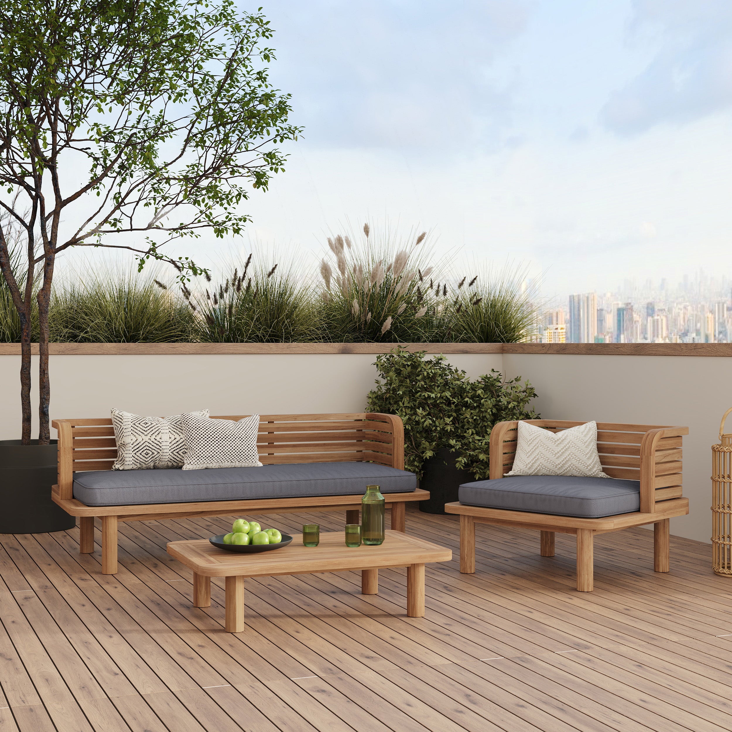 canape de jardin en bois et tissu gris