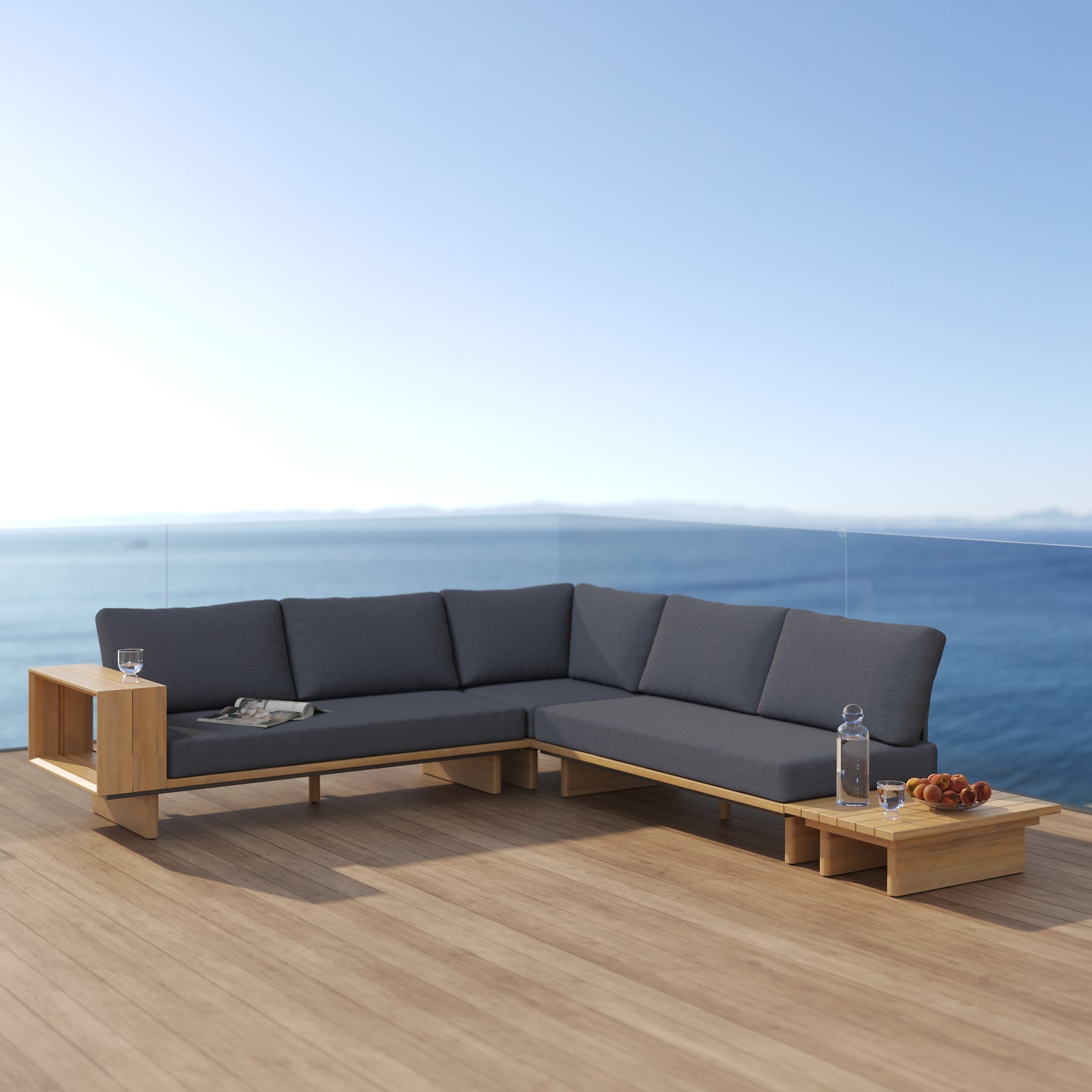 canape de jardin seya angle bois tissu gris