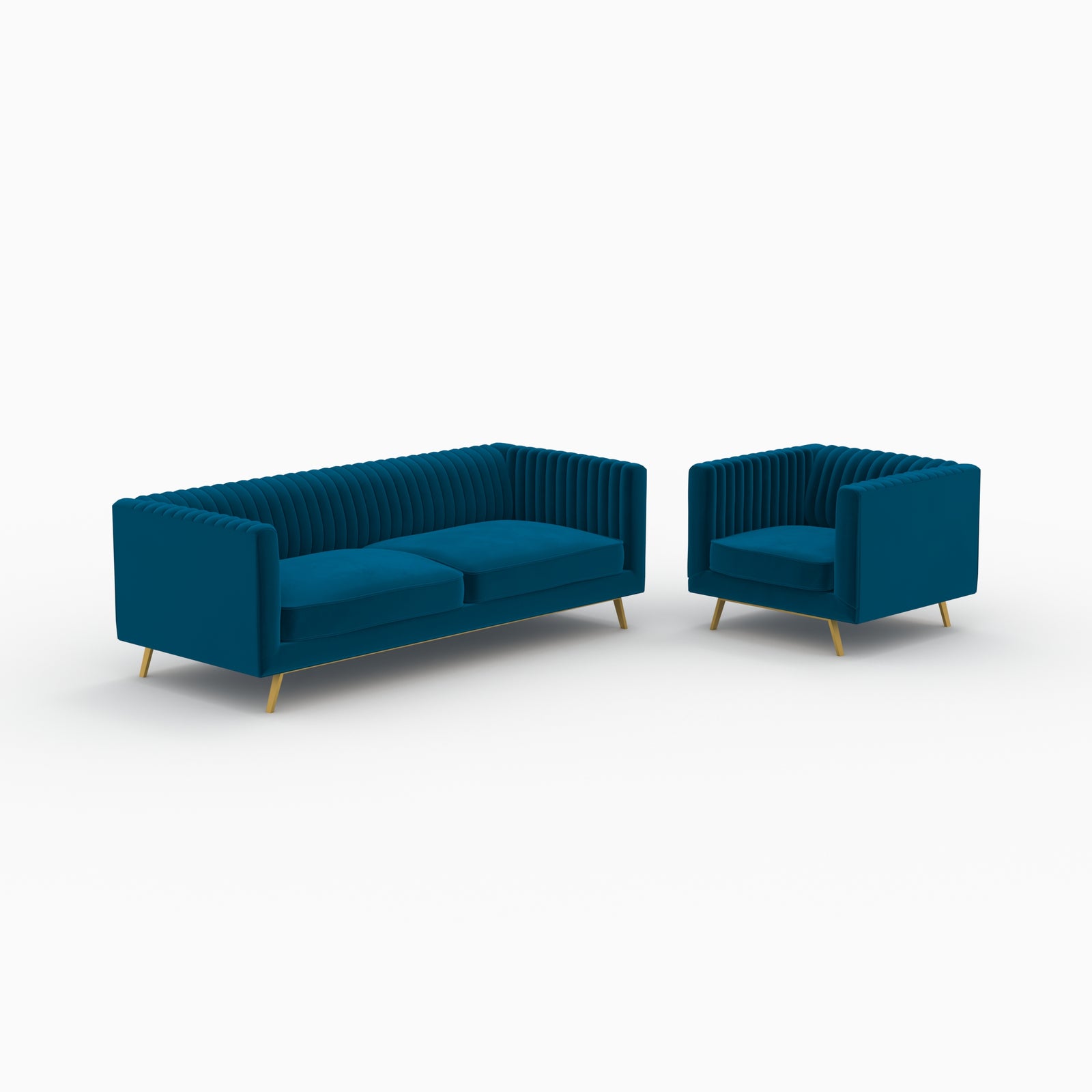 canape et fauteuil gatsby velours bleu fonce pieds dores