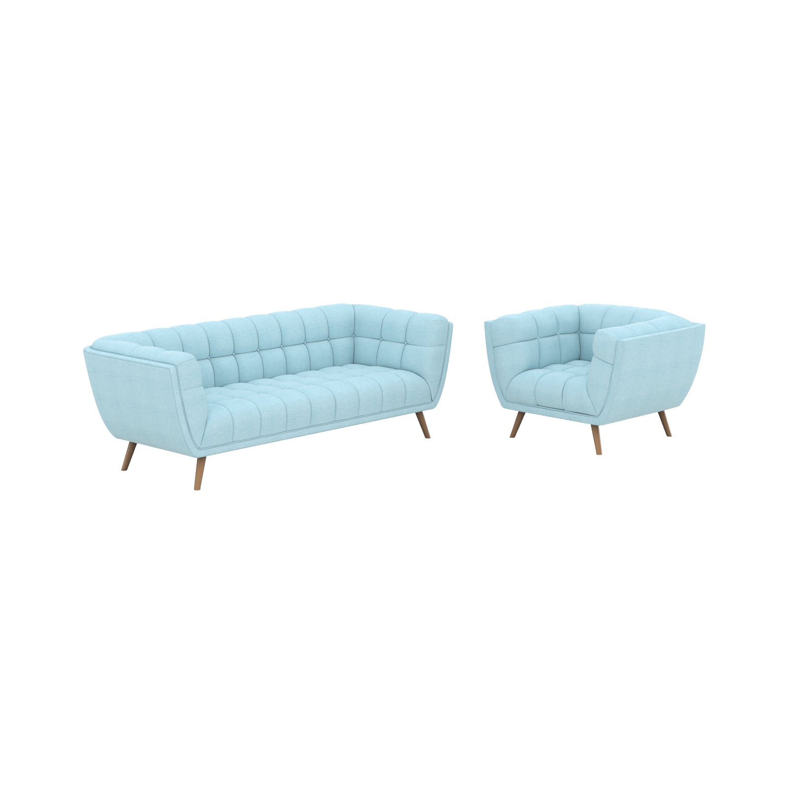 canape et fauteuil tissu bleu clair pieds bois 5 places