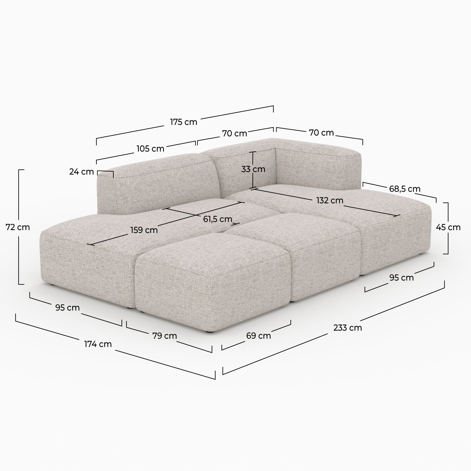 Canapé d'angle droit modulable Hestia, tissu beige 4 places, 2 poufs