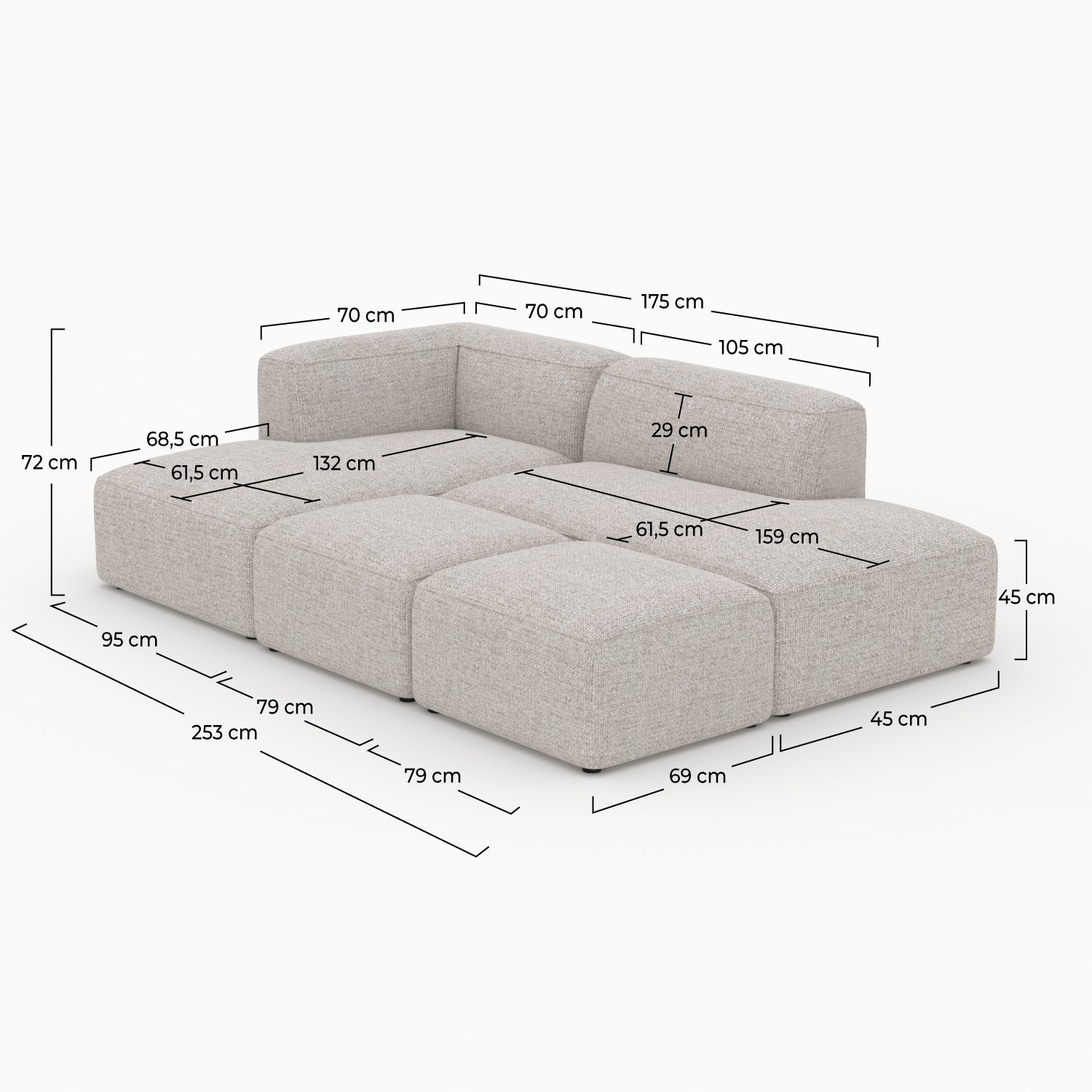 Canapé d'angle gauche modulable Hestia, tissu beige 4 places, 2 poufs