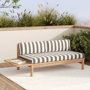Canapé de jardin Nadila en teck massif et coussins rayés gris 2 places