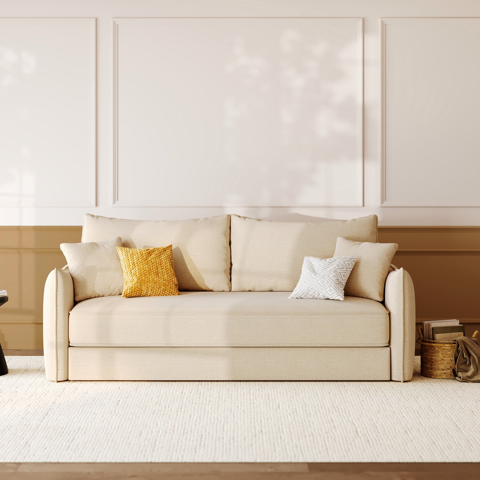 canape lit en tissu convertible 3 places effet lin beige celeste rdv deco