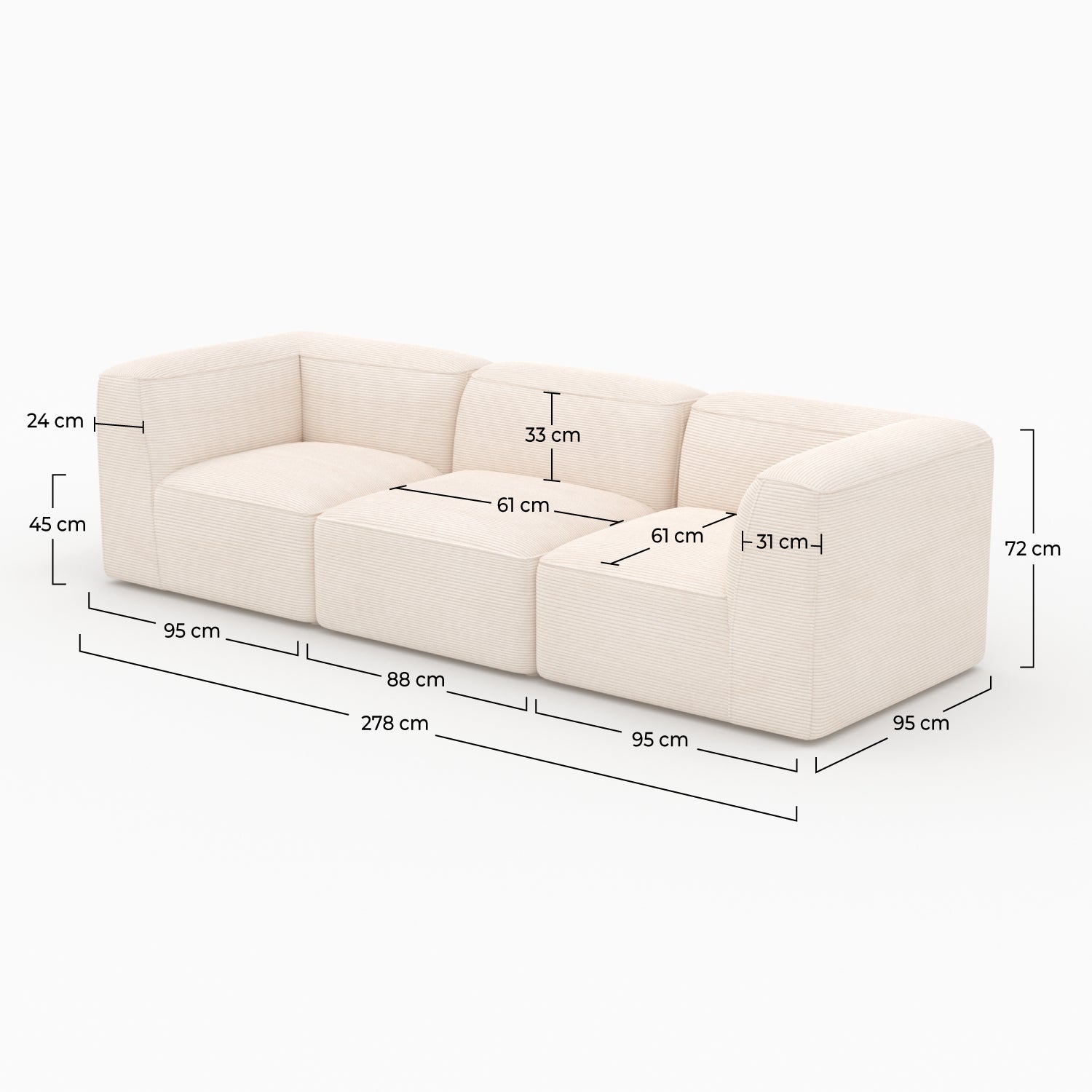 Canapé modulable Mina en velours côtelé blanc cassé 3 places