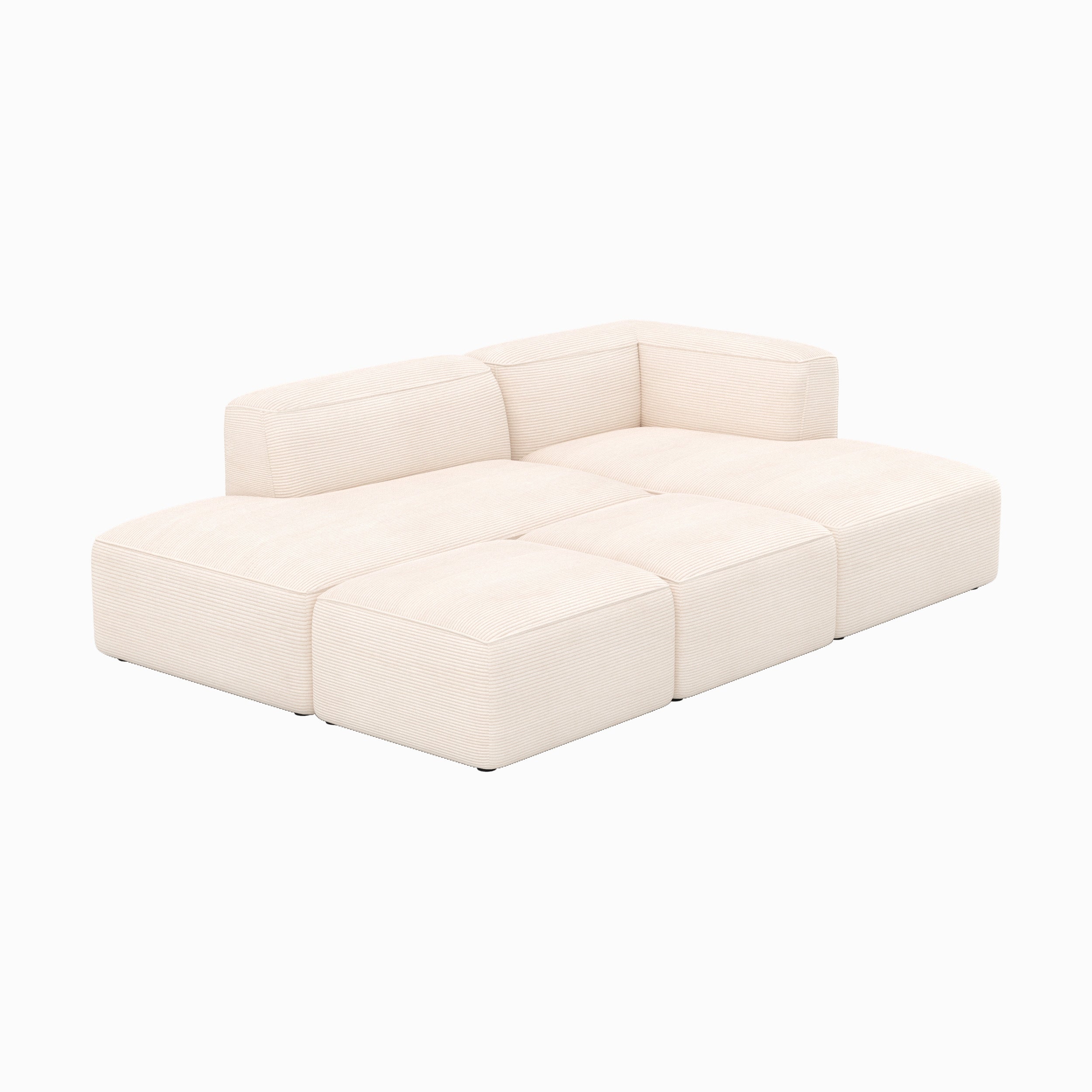 Canapé modulable Mina en velours côtelé blanc 4 places avec 2 poufs