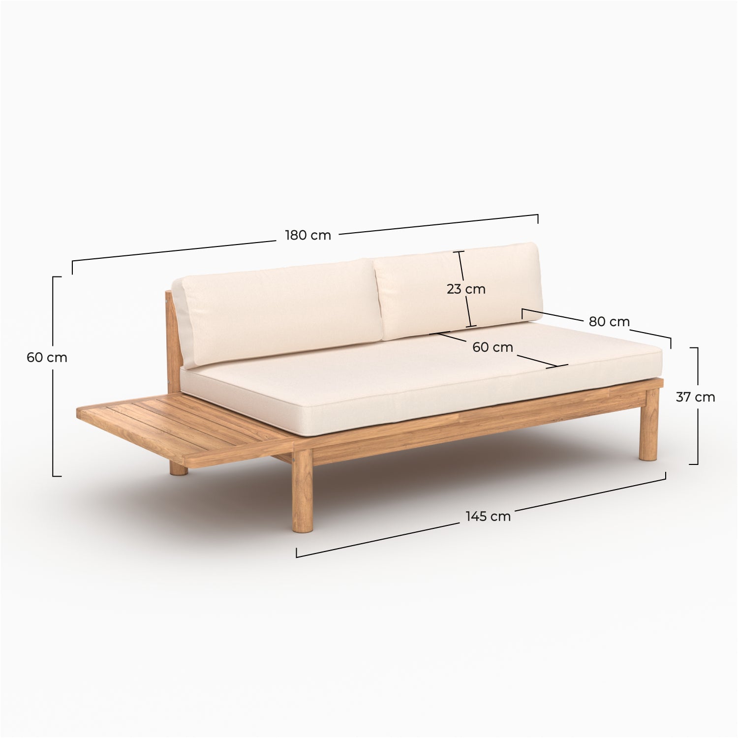 Canapé de jardin Nadila en teck massif et coussins blancs 2 places