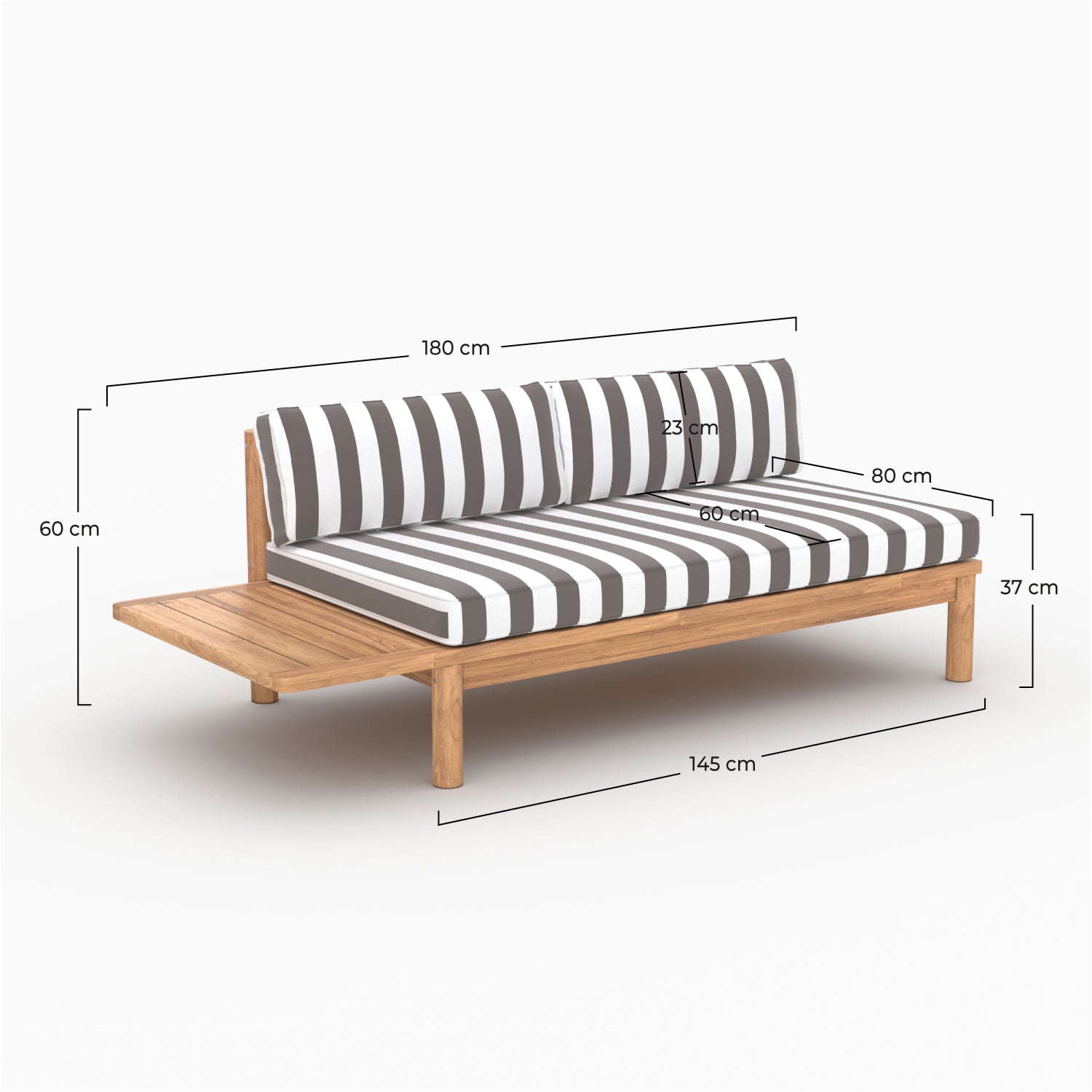 Canapé de jardin Nadila en teck massif et coussins rayés gris 2 places