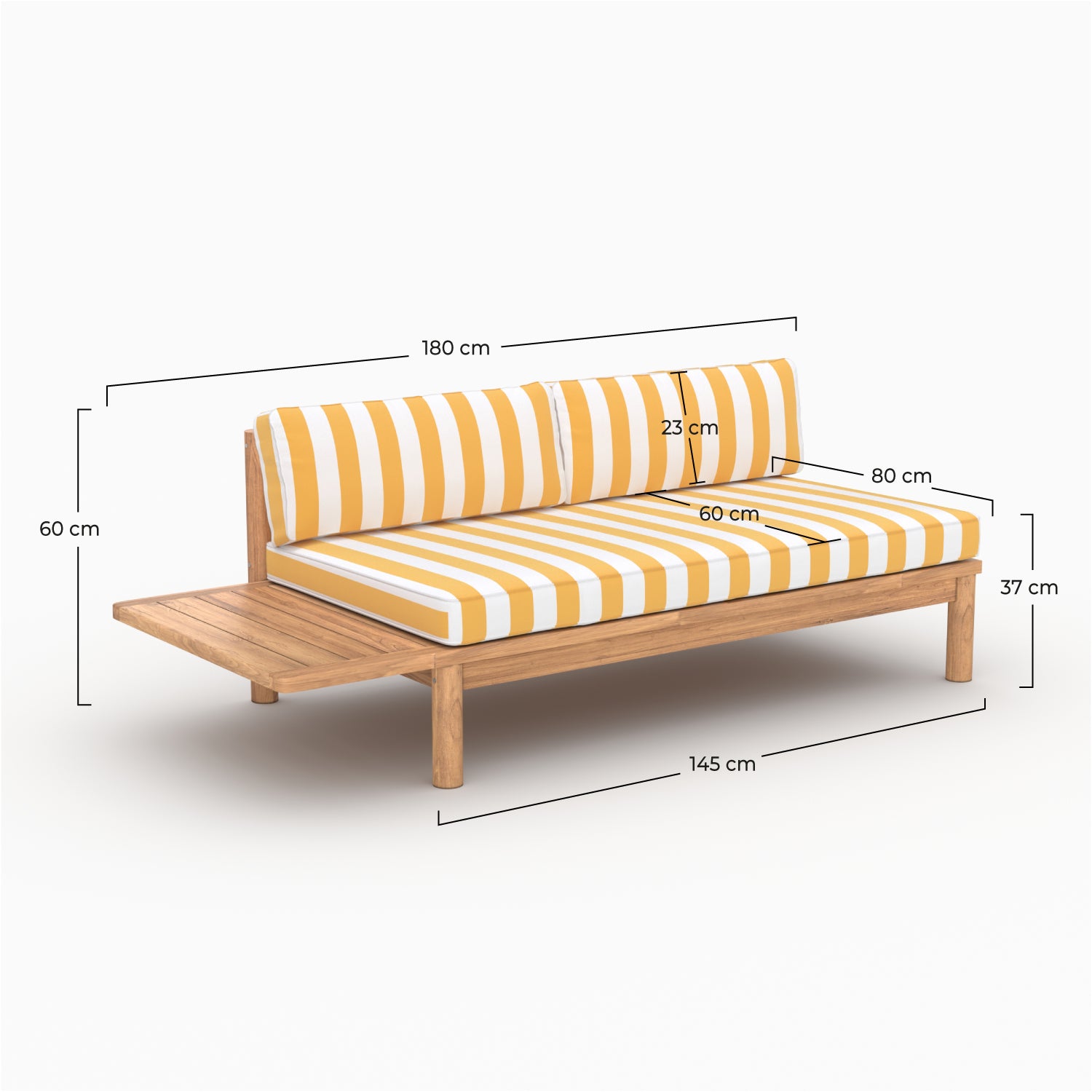 Canapé de jardin Nadila, teck massif et coussins rayés jaunes 2 places