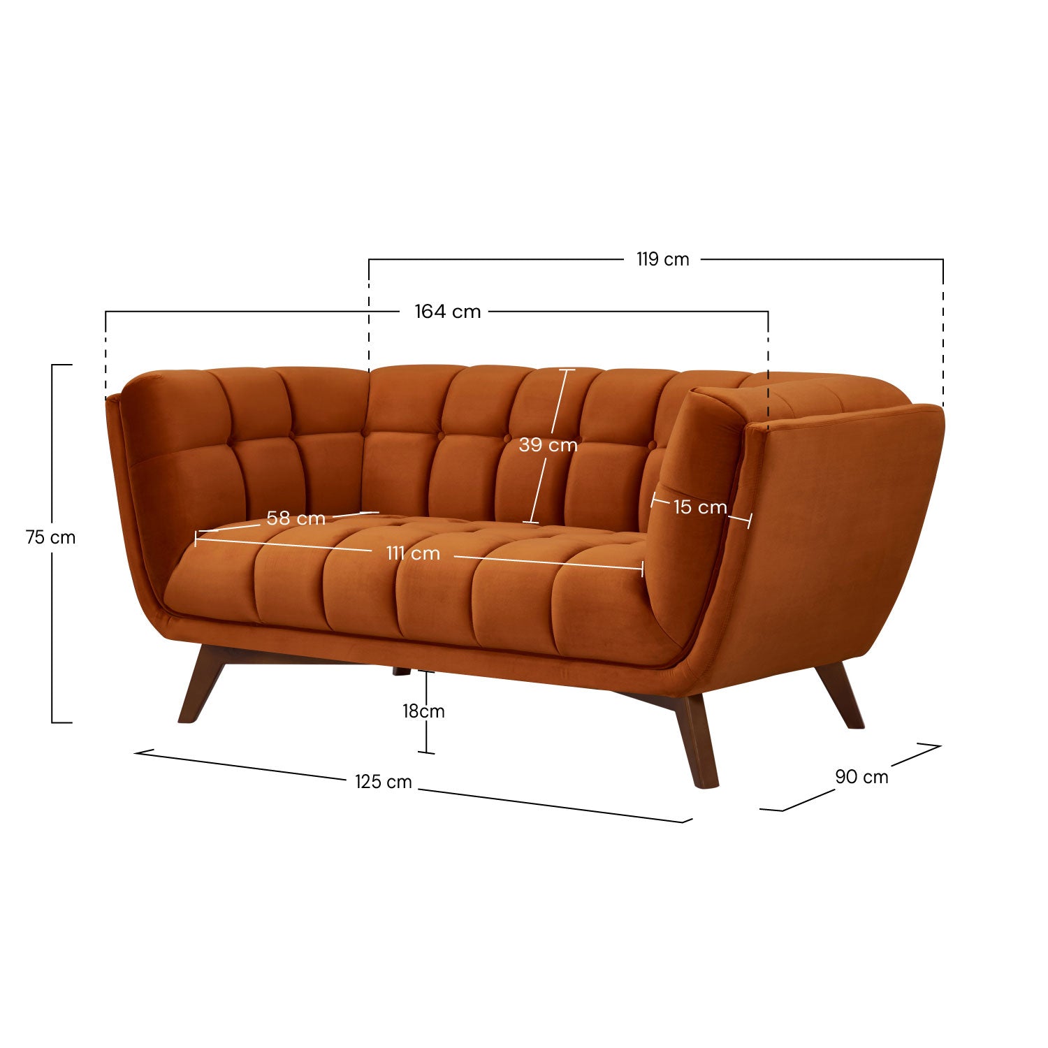 Sofá Mona de 2 plazas en terciopelo naranja cúrcuma
