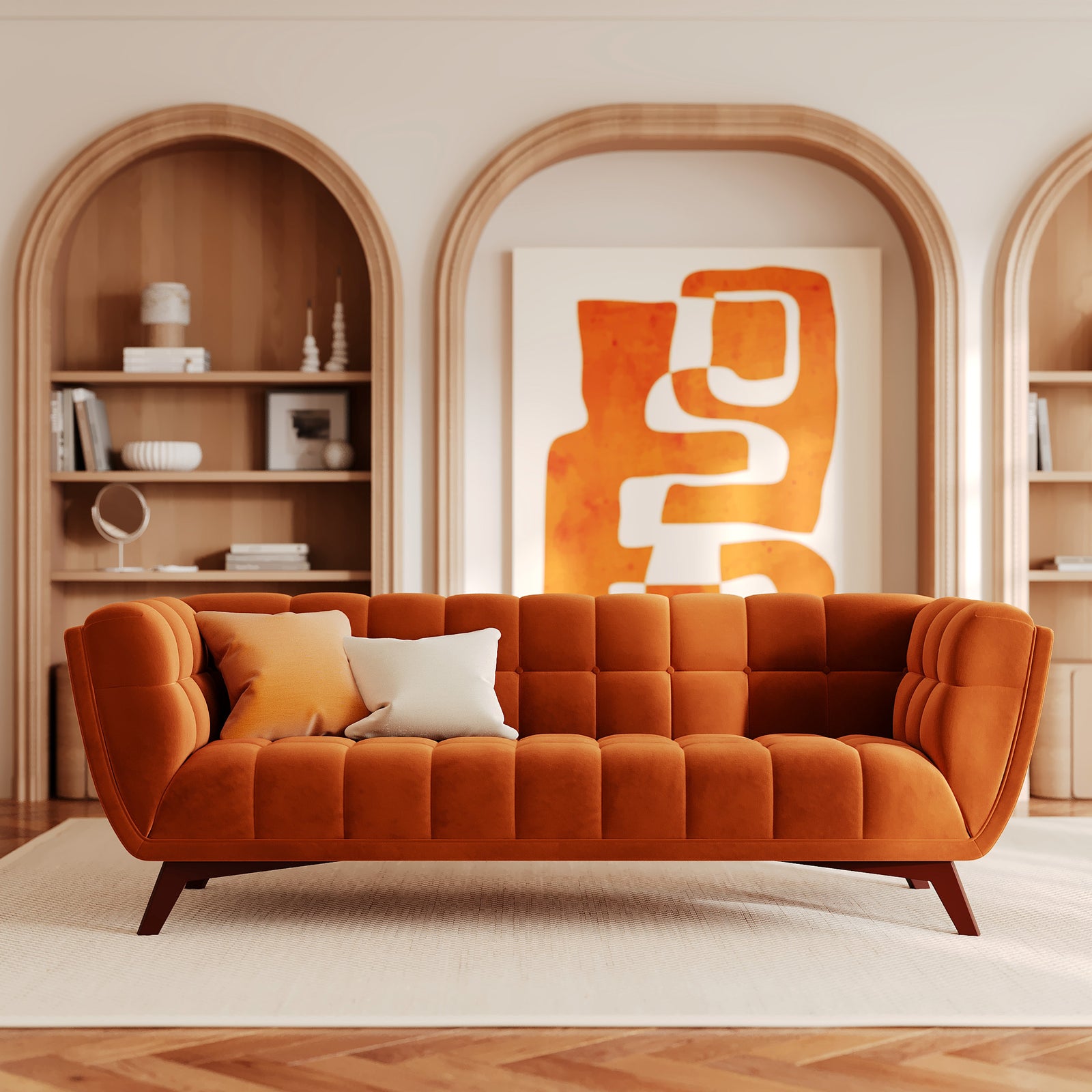 canape orange rouille velours 3 personnes