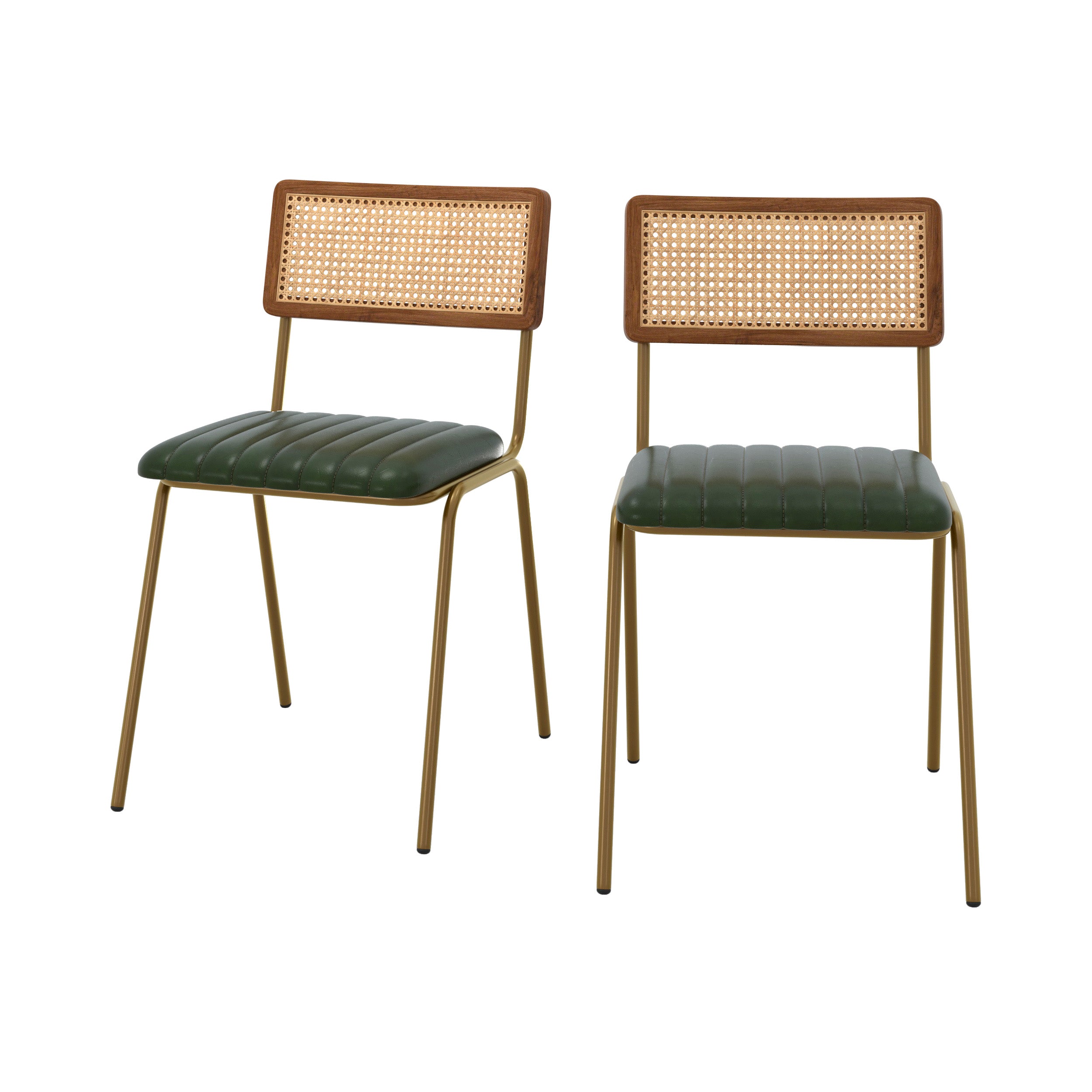 chaise arsene en cuir vert et cannage lot de 2 fond blanc